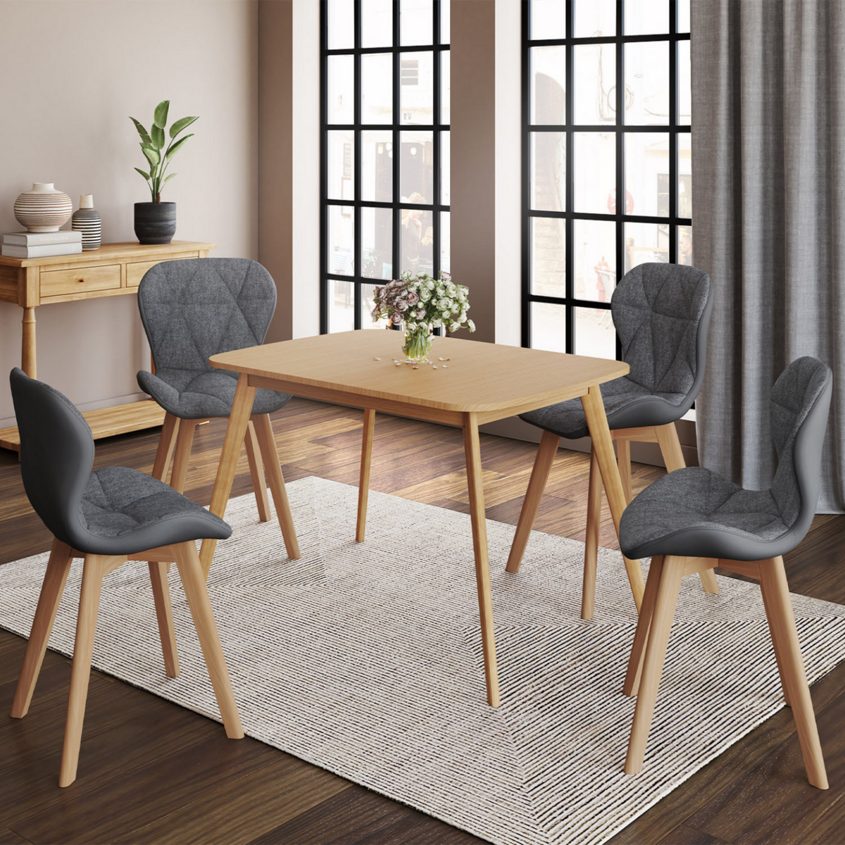 ID MARKET Lot de 4 chaises ROXANE bi-matière en tissu et PU grises pour salle à manger