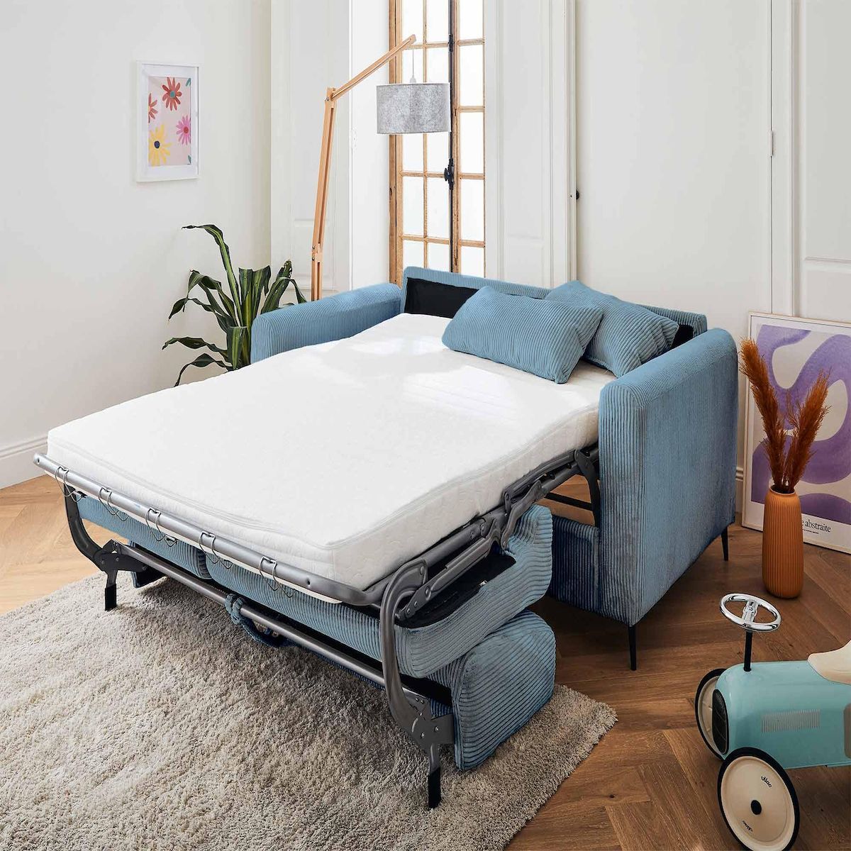 LISA DESIGN Owen - canapé 3 places convertible express couchage quotidien 140 cm matelas 12 cm en velours côtelé