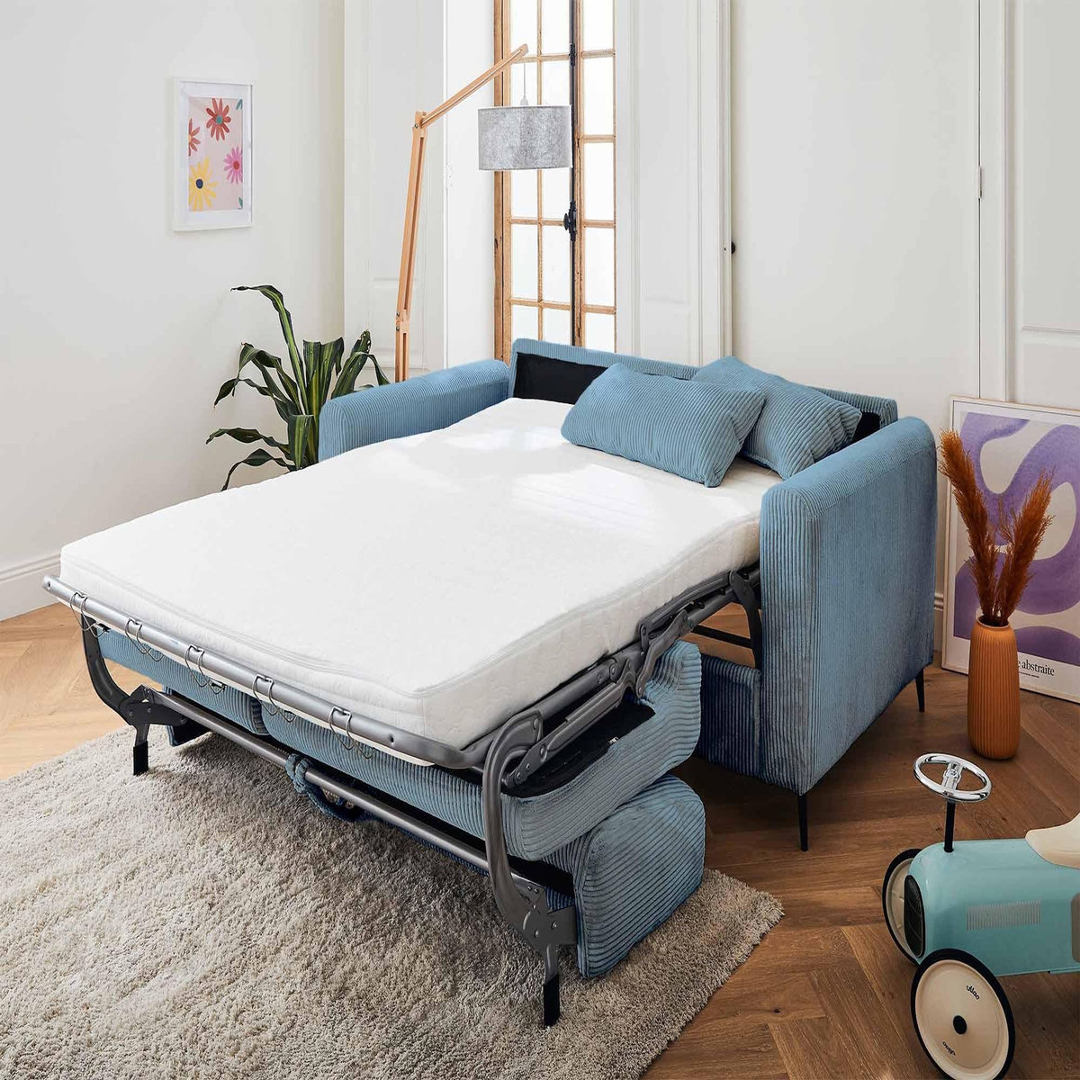 LISA DESIGN Owen - canapé 3 places convertible express couchage quotidien 140 cm matelas 12 cm en velours côtelé