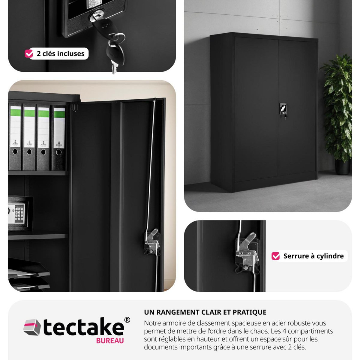 tectake Armoire de classement en métal en acier lâqué époxy noir