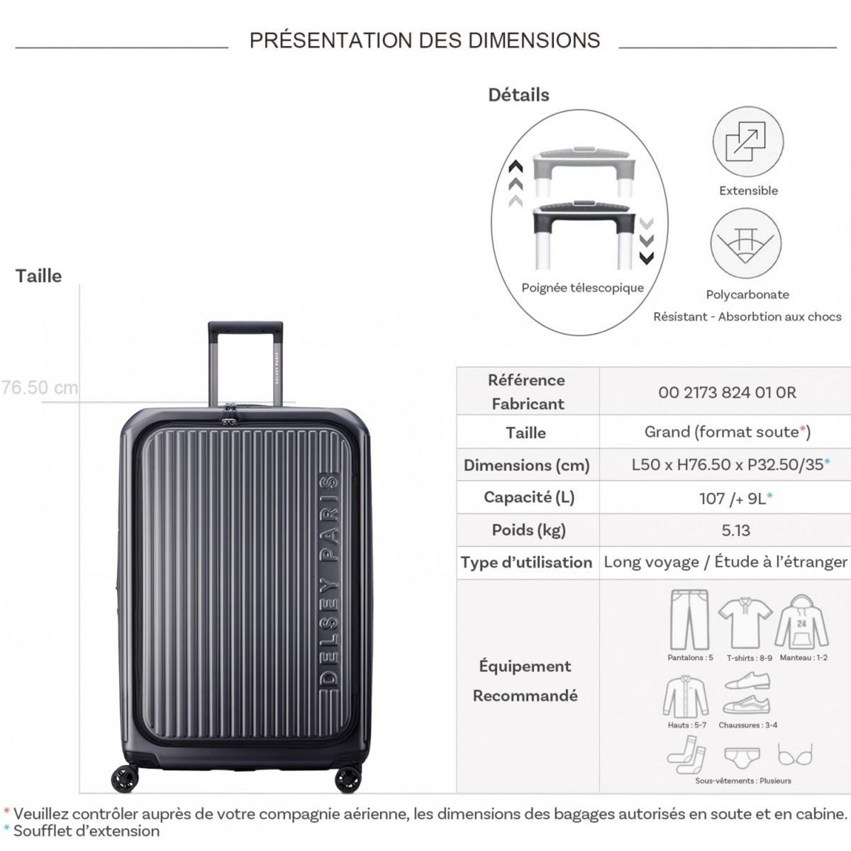 Delsey Grande valise rigide Securitime Zip TSA polycarbonate 76,5cm
