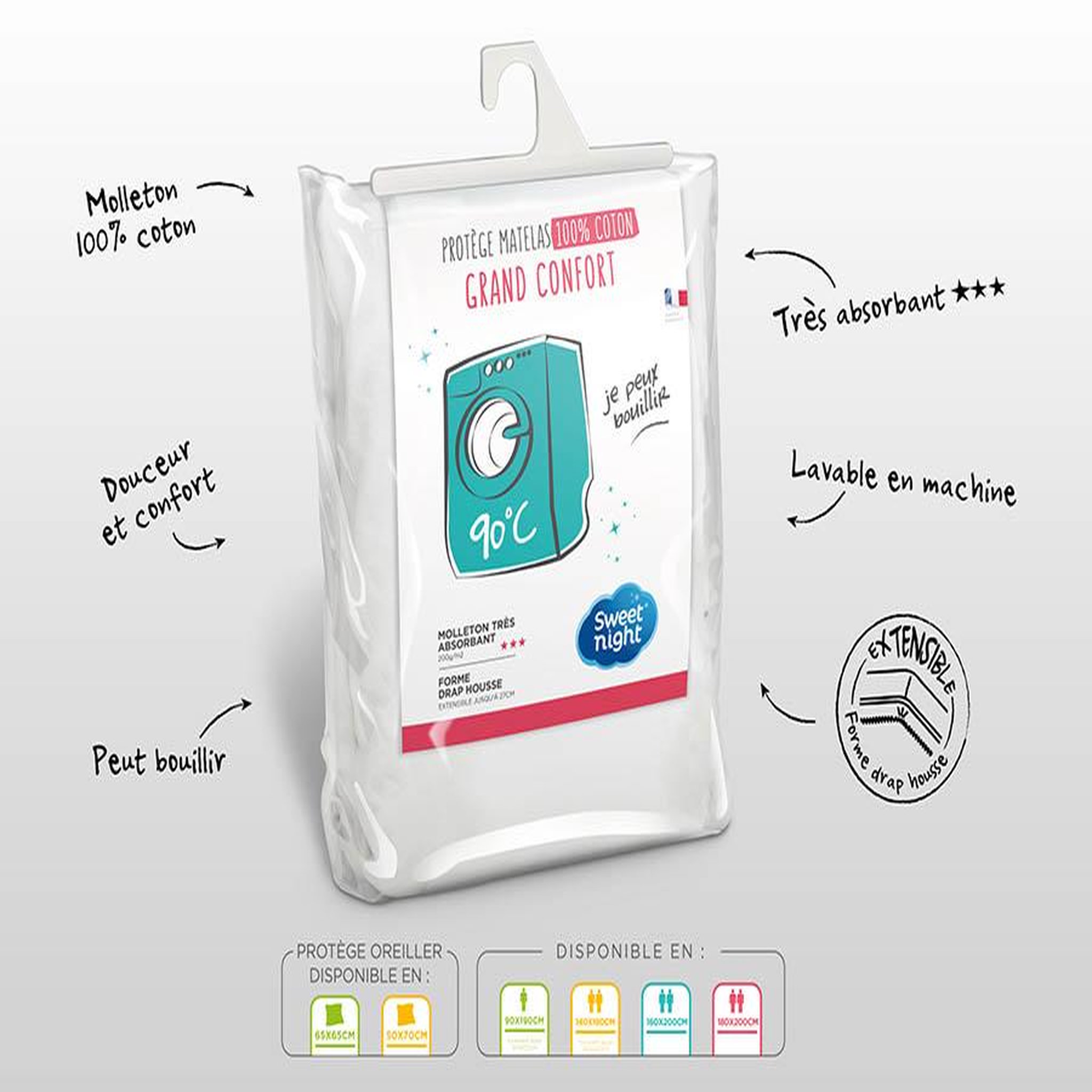 Voir la diapositive 4 : Sweetnight Protège matelas coton absorbant lavable à 90°c - Forme drap housse QUALITE PLUS