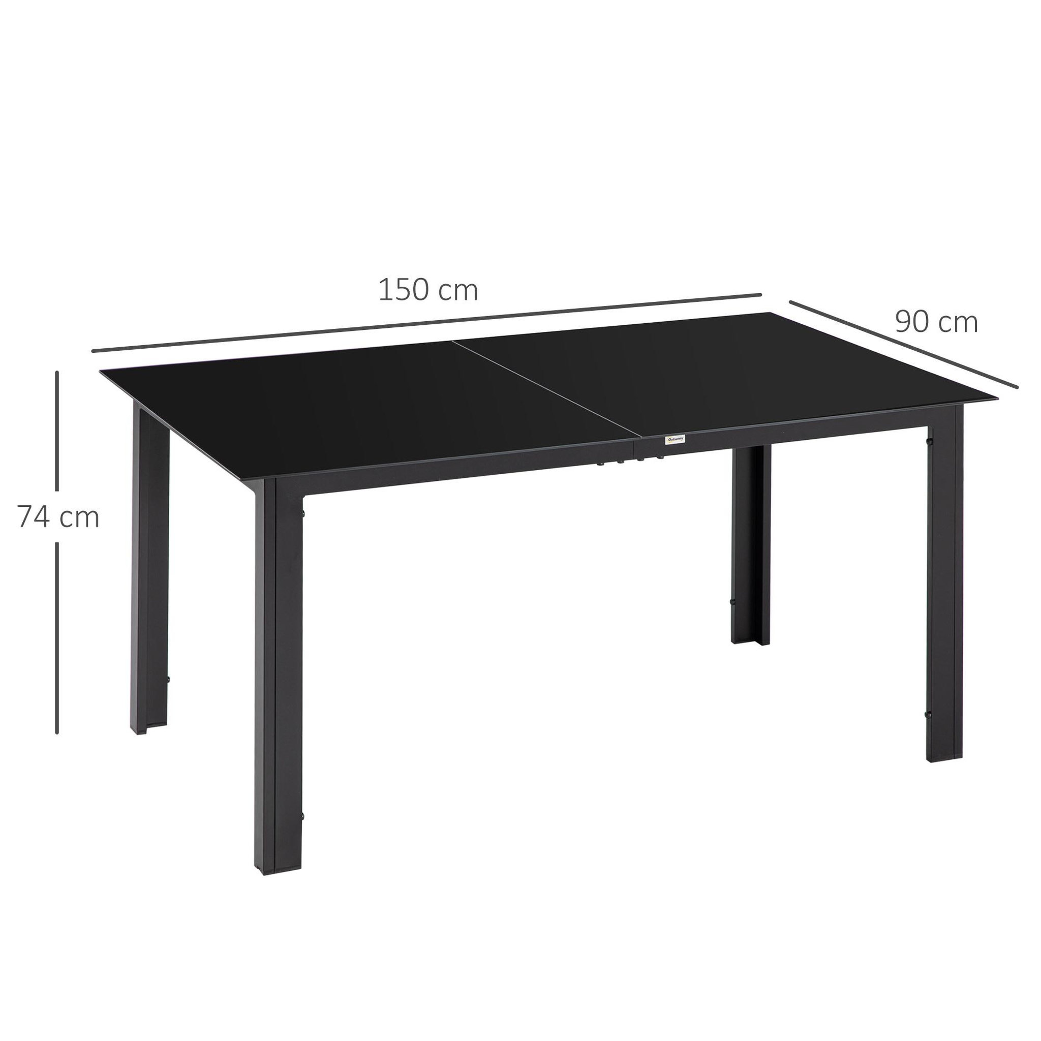Voir la diapositive 3 : OUTSUNNY Table de jardin rectangulaire 6 personnes dim. 150L x 90l x 74H cm alu. plateau verre trempé noir