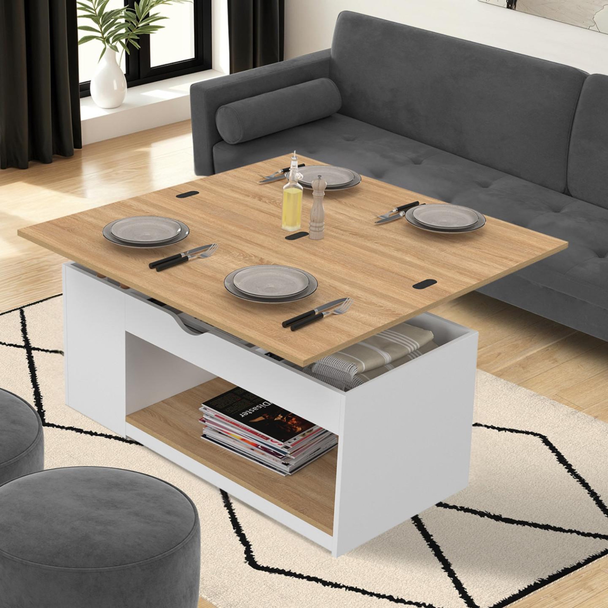 Voir la diapositive 2 : ID MARKET Table basse plateau relevable rectangulaire convertible en table à manger elea 100 cm bois blanc et façon hêtre