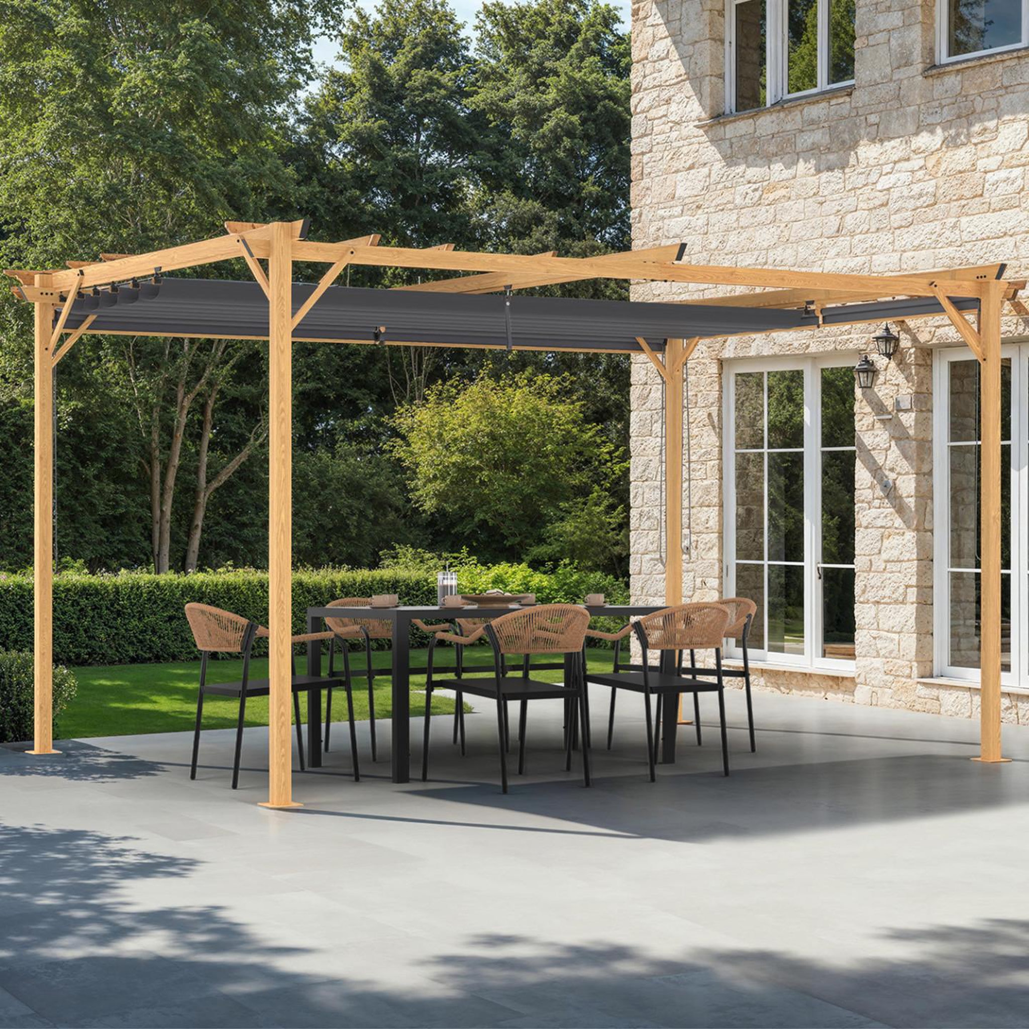 Voir la diapositive 3 : ID MARKET Pergola édition exclusive effet bois toit rétractable 3x4 m et 4 stores gris anthracite