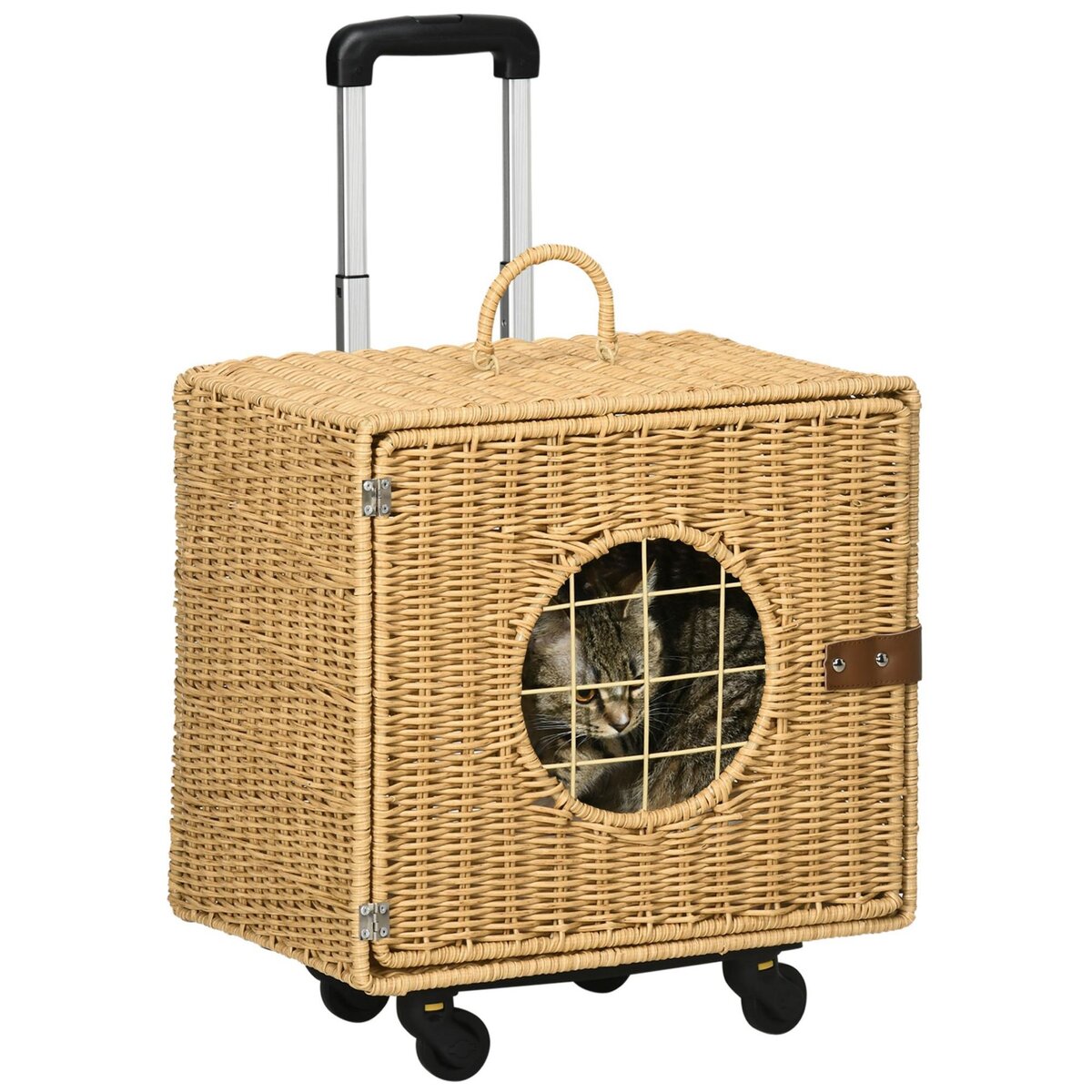 PAWHUT Caisse de transport pour chat - 4 roulettes, poignée télescopique,  poignée, fenêtre, coussin - résine tressée aspect rotin pas cher 