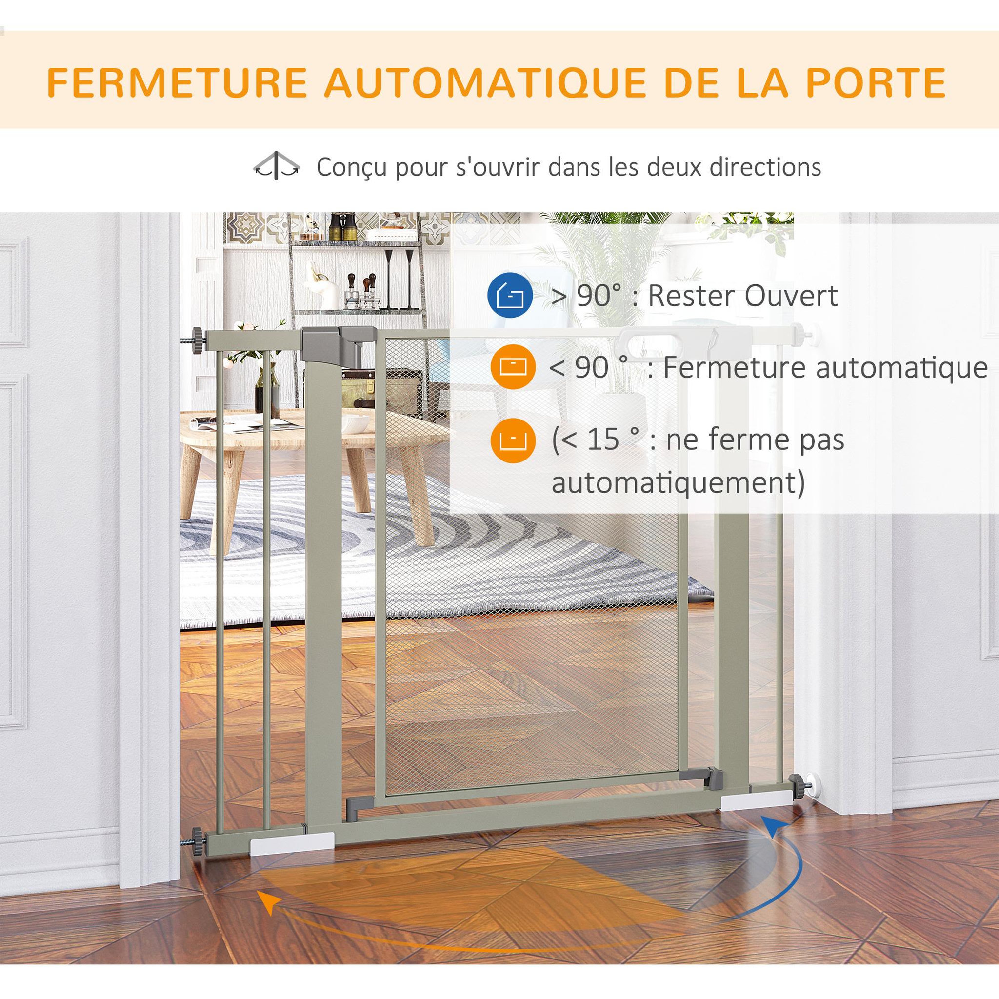 Voir la diapositive 5 : PAWHUT Barrière de sécurité animaux - longueur réglable dim. 75-103 cm - porte double verrouillage, ouverture double sens -sans perçage - acier abs gris