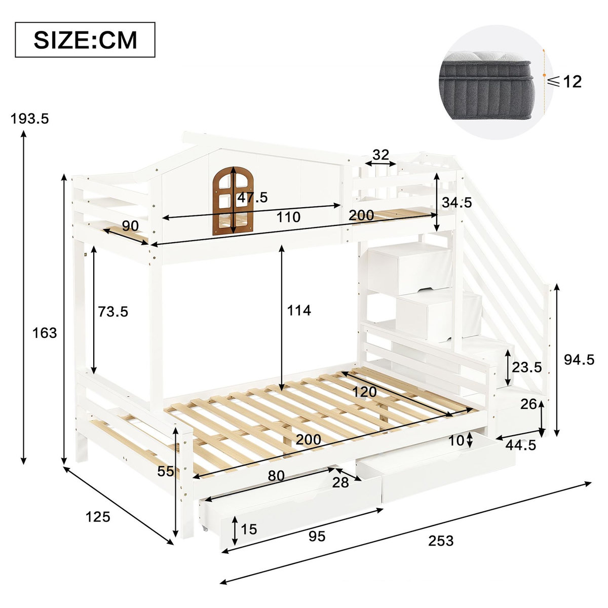 MERAX Lit superposé 120x200(90x200)cm coloris blanc+naturel pin et mdf
