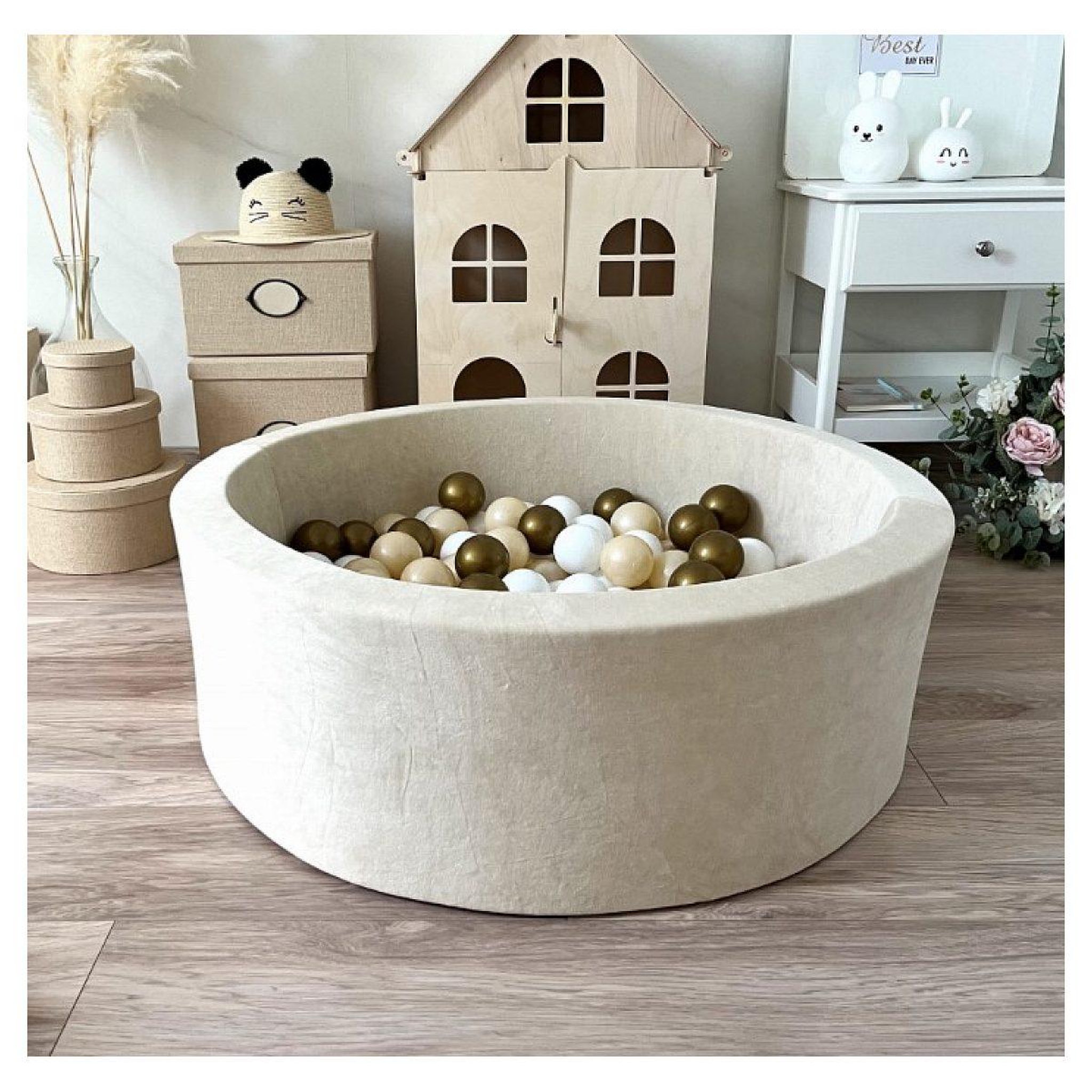 Voir la diapositive 2 : MONIO FOR KIDS Piscine à balles velours 90 cm crème + 200 balles