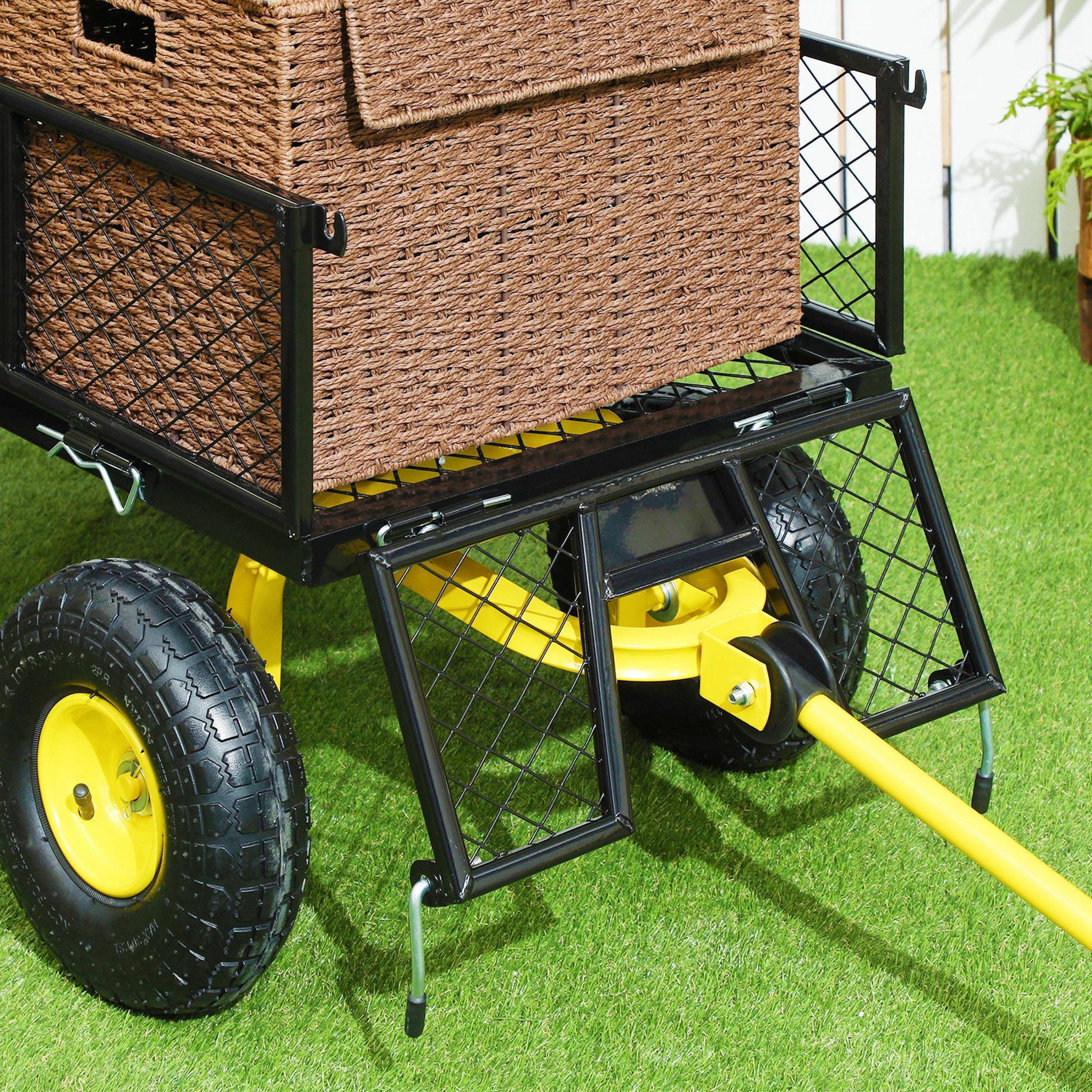 Voir la diapositive 5 : OUTSUNNY Chariot de jardin en acier - chariot de transport - côtés amovibles, poignée rotative - max. 200 kg - noir jaune