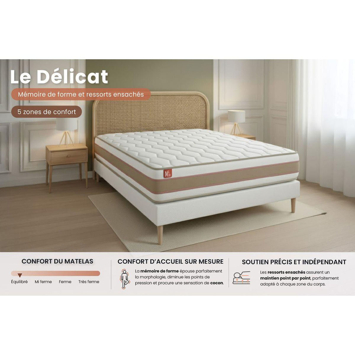MARMOTTES&CO Pack prêt à dormir matelas LE DÉLICAT 160x200 Ressorts ensachés et Mémoire de forme + double sommiers Blanc