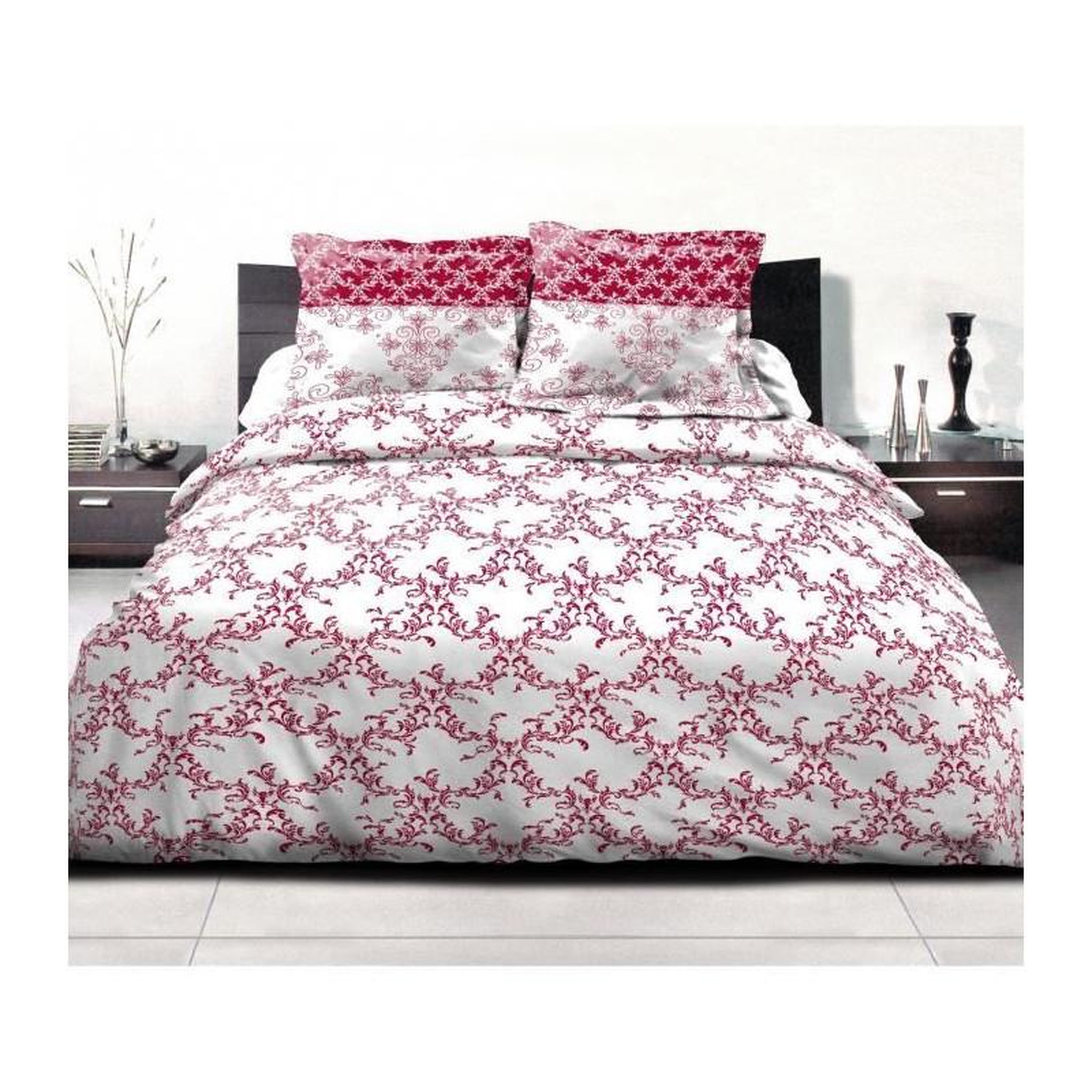 HOME LINGE PASSION Parure de couette 220x240 cm HOME LINGE PASSION FRISE : Housse de couette + 2 taies d'oreiller - 100% Coton 57 Fils - Bordeaux