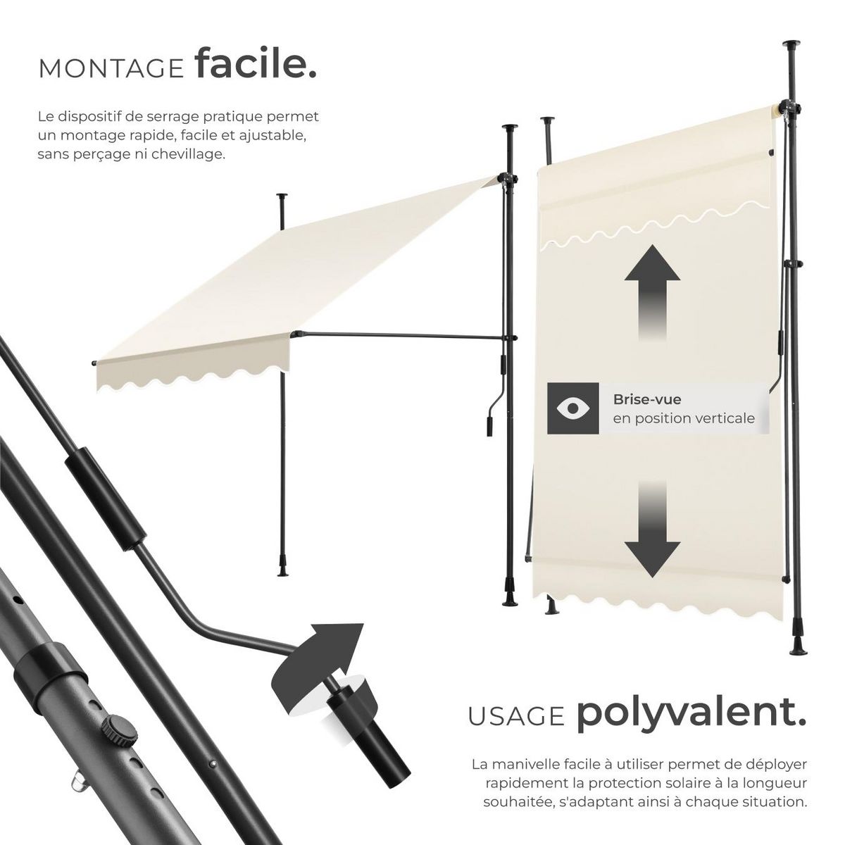 tectake Store à pince sans perçage avec manivelle beige 150 x 180 cm