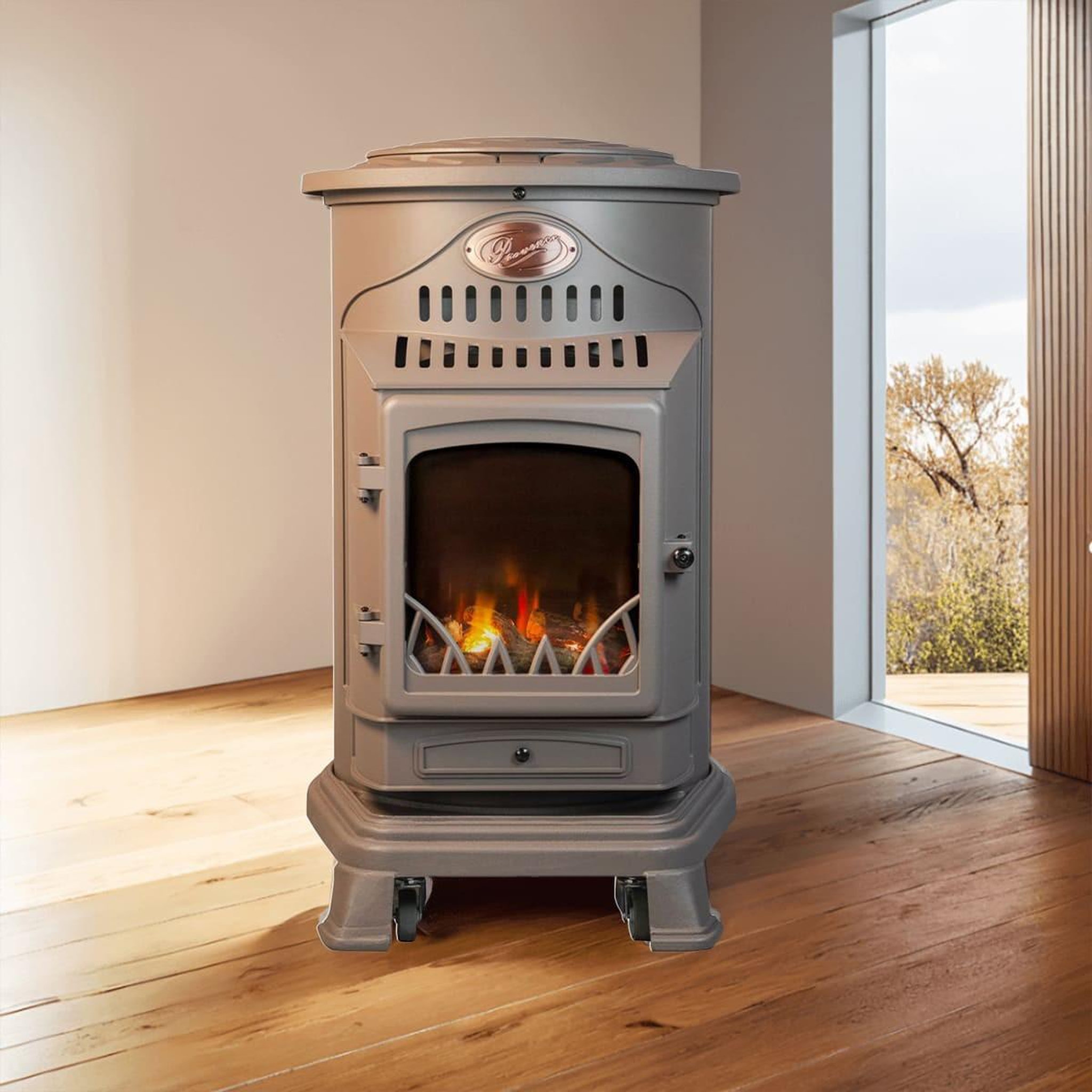 Voir la diapositive 6 : UNIVERSAL Poele à gaz 3,4 KW MARRON Effet poêle à bois Fonte véritable + Tuyau gaz + détendeur butane Provence Sahara