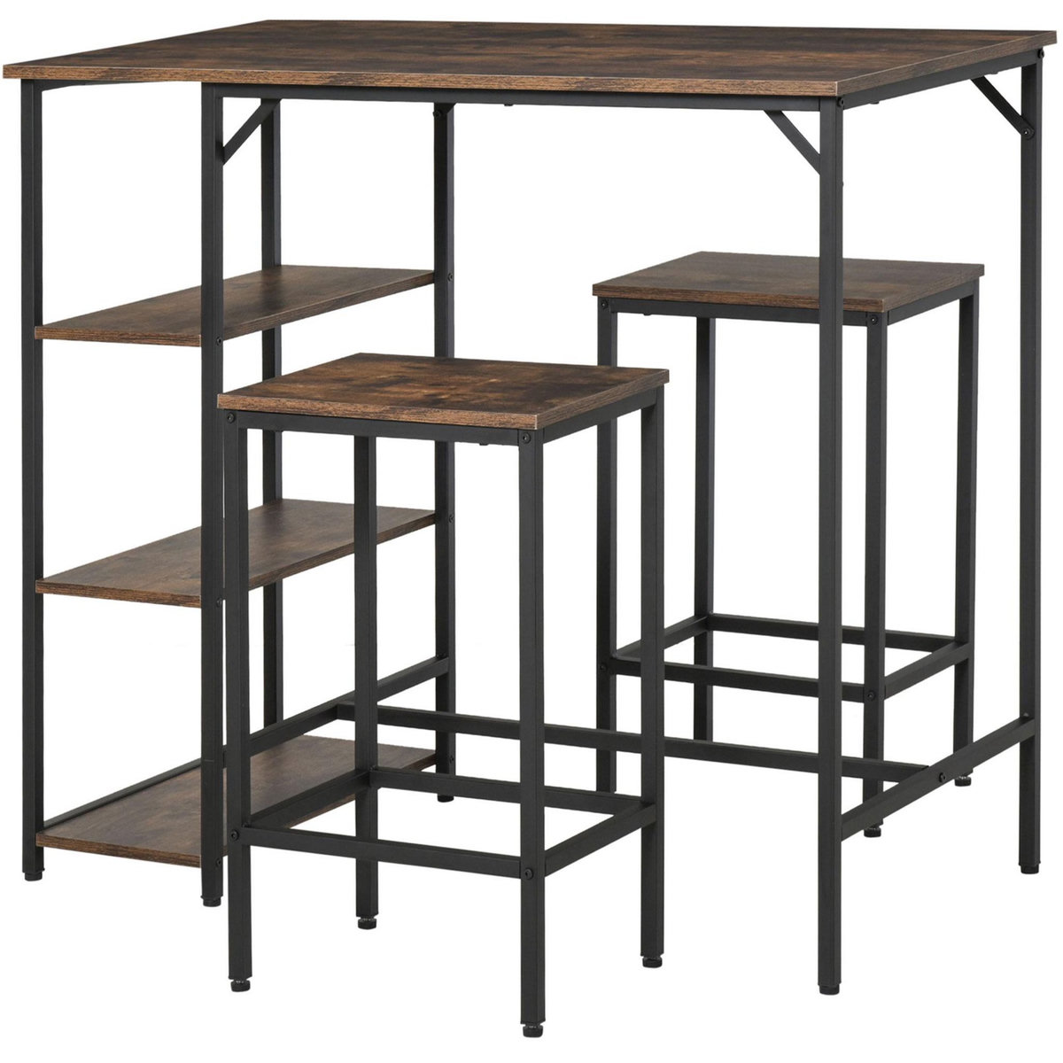 HOMCOM Ensemble table de bar 3 étagères 2 tabourets style industriel métal noir aspect vieux bois veinage
