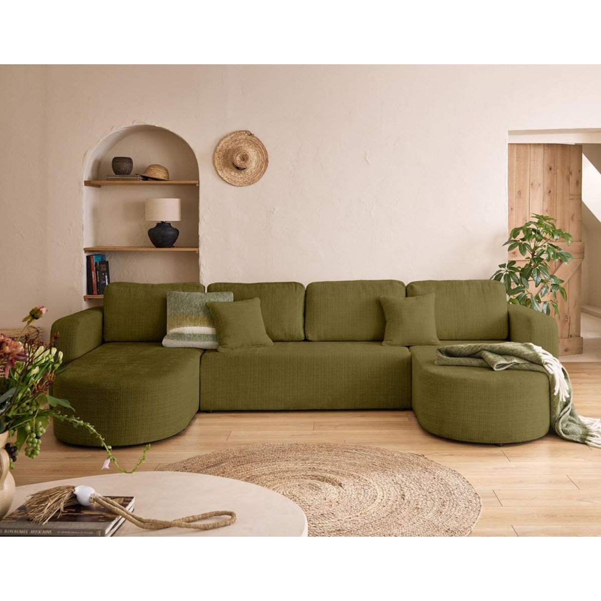 BEST MOBILIER Miro - canapé panoramique en u 7 places - convertible avec coffre - en velours texturé