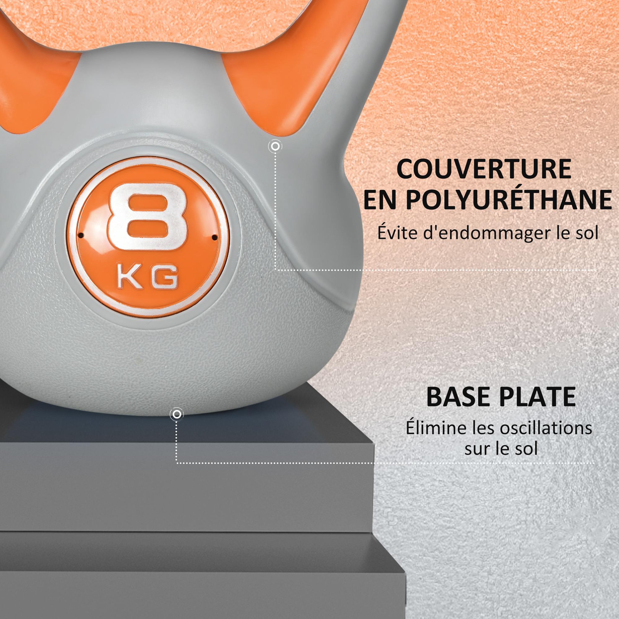 Voir la diapositive 5 : HOMCOM Kettlebell 8 kg - haltère boule - poignée ergonomique - pu gris orange