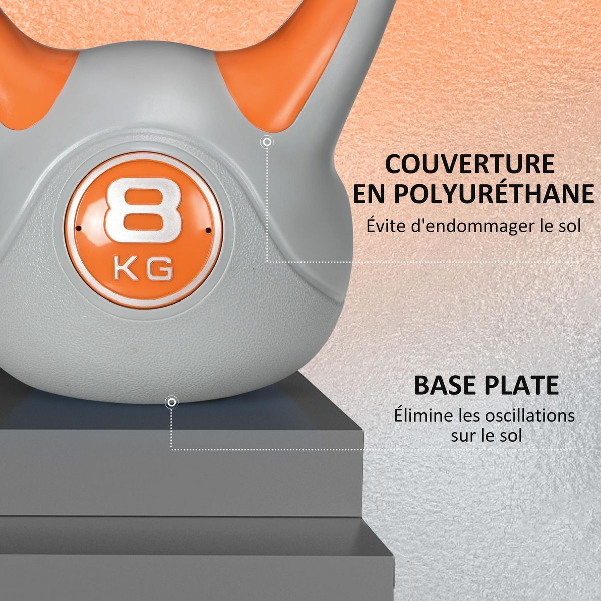 HOMCOM Kettlebell 8 Kg - haltère boule - poignée ergonomique - PU gris orange