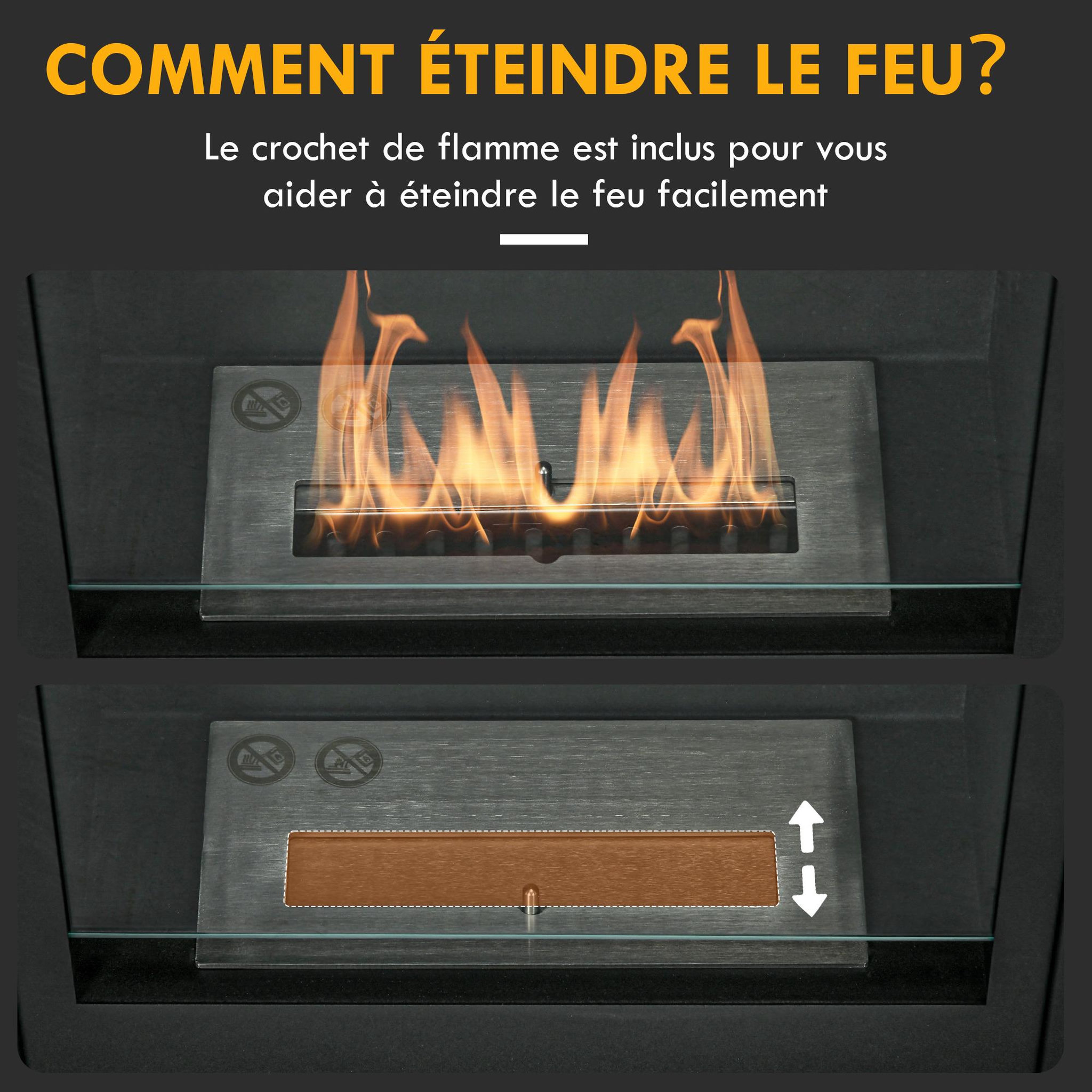 Voir la diapositive 5 : HOMCOM Cheminée bioéthanol design contemporain - brûleur 0,9 l - contrôle de flamme inclus - acier noir verre trempé