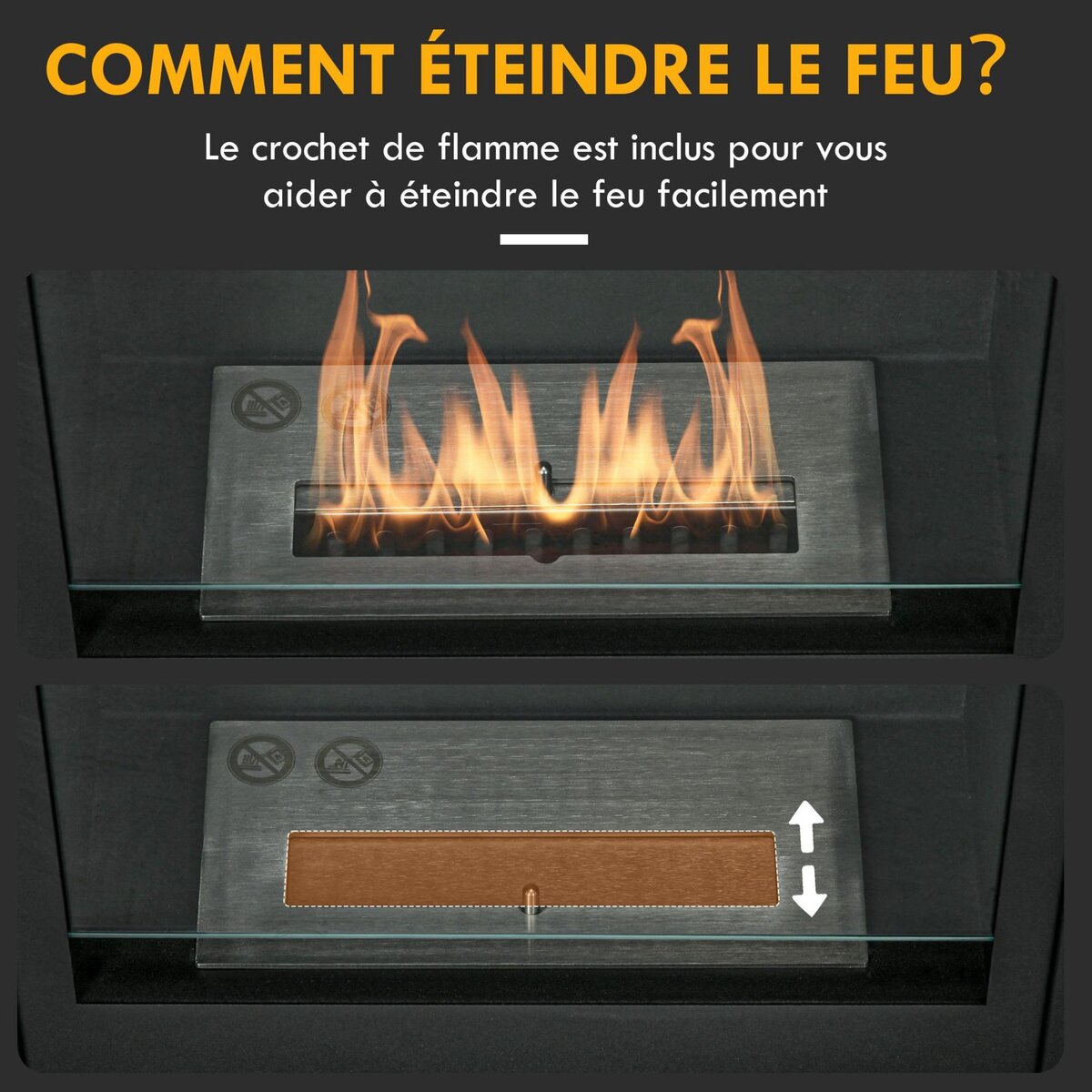 HOMCOM Cheminée bioéthanol design contemporain - brûleur 0,9 L - contrôle de flamme inclus - acier noir verre trempé