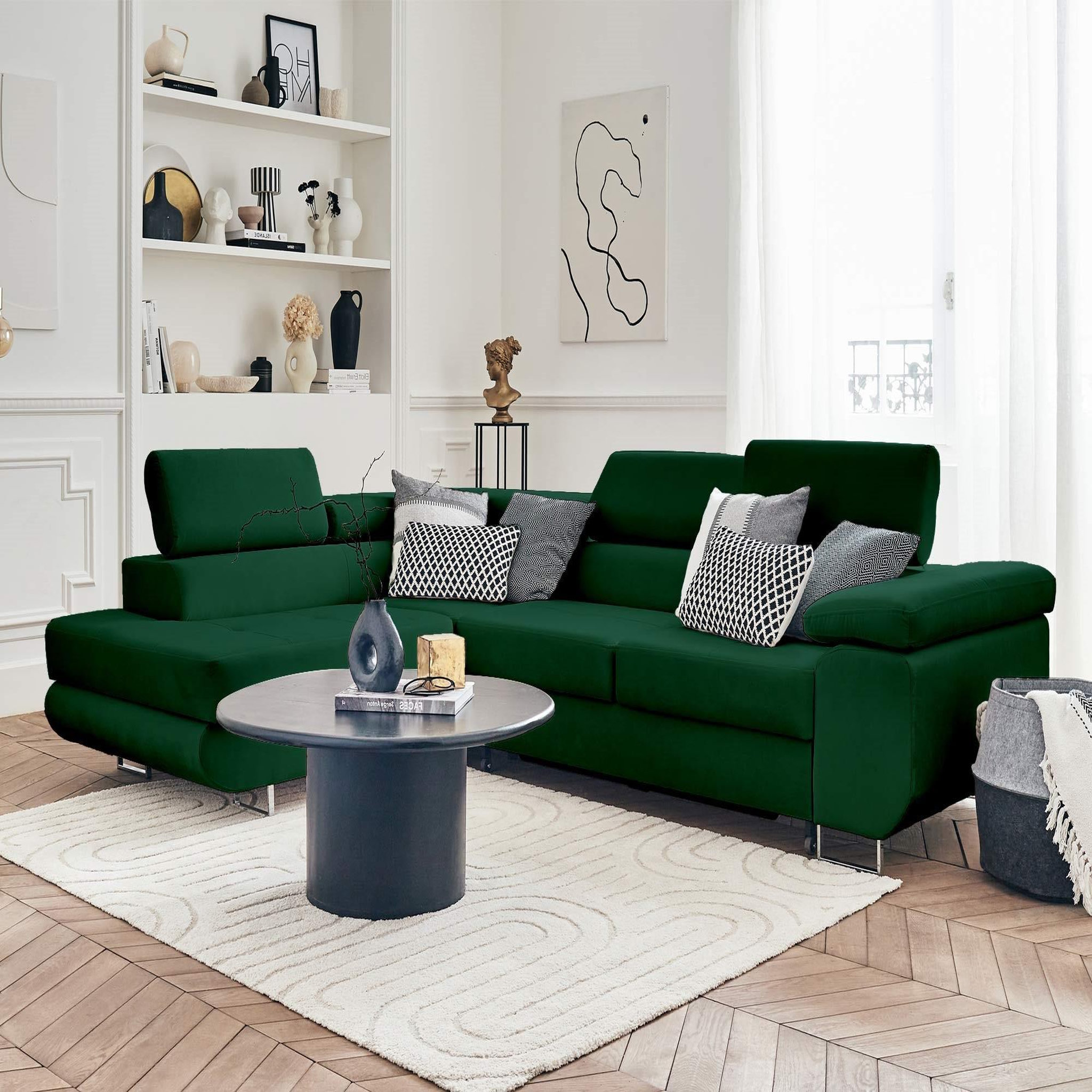 Voir la diapositive 5 : BEST MOBILIER Pablo - canapé d'angle gauche - 5 places - convertible avec coffre et têtières réglables - en velours