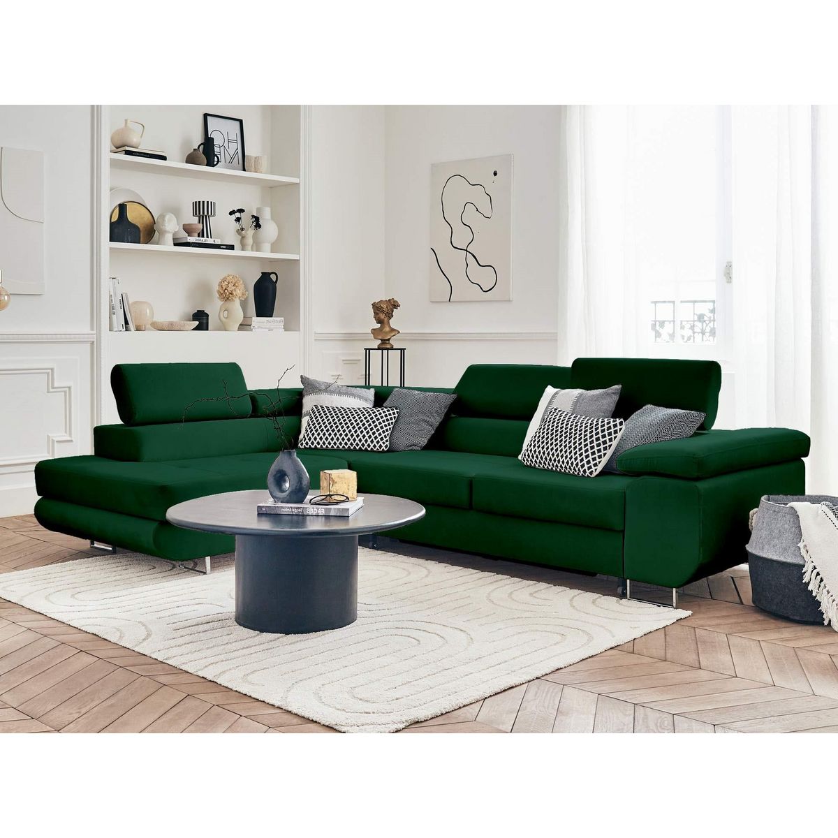 BEST MOBILIER Pablo - canapé d'angle gauche - 5 places - convertible avec coffre et têtières réglables - en velours