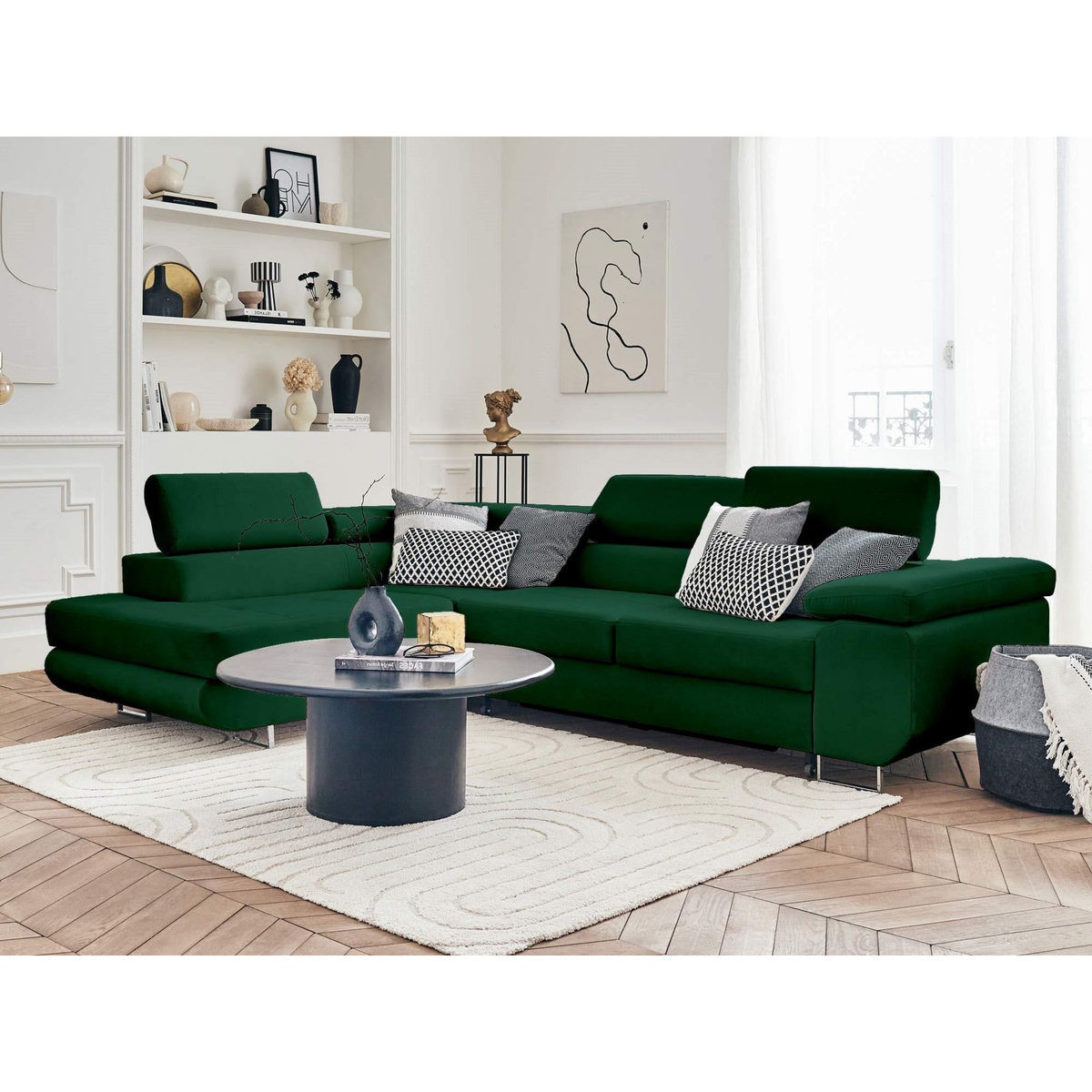 BEST MOBILIER Pablo - canapé d'angle gauche - 5 places - convertible avec coffre et têtières réglables - en velours