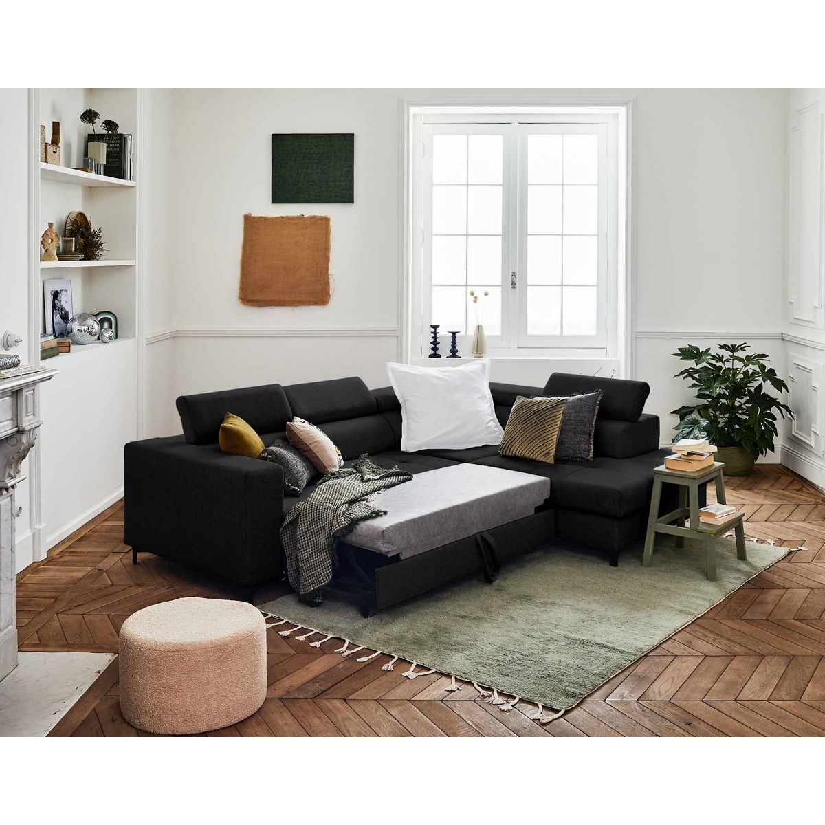 LISA DESIGN Olinda - canapé d'angle droit - 5 places - convertible avec coffre et têtières réglables - en tissu