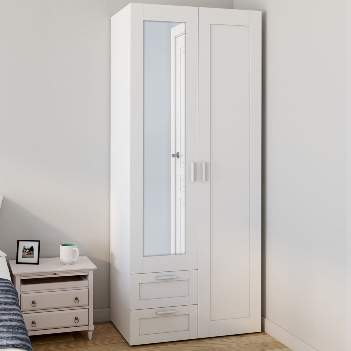 ID MARKET Armoire 2 portes VITO blanc penderie 80 cm avec 2 tiroirs, miroir et étagères