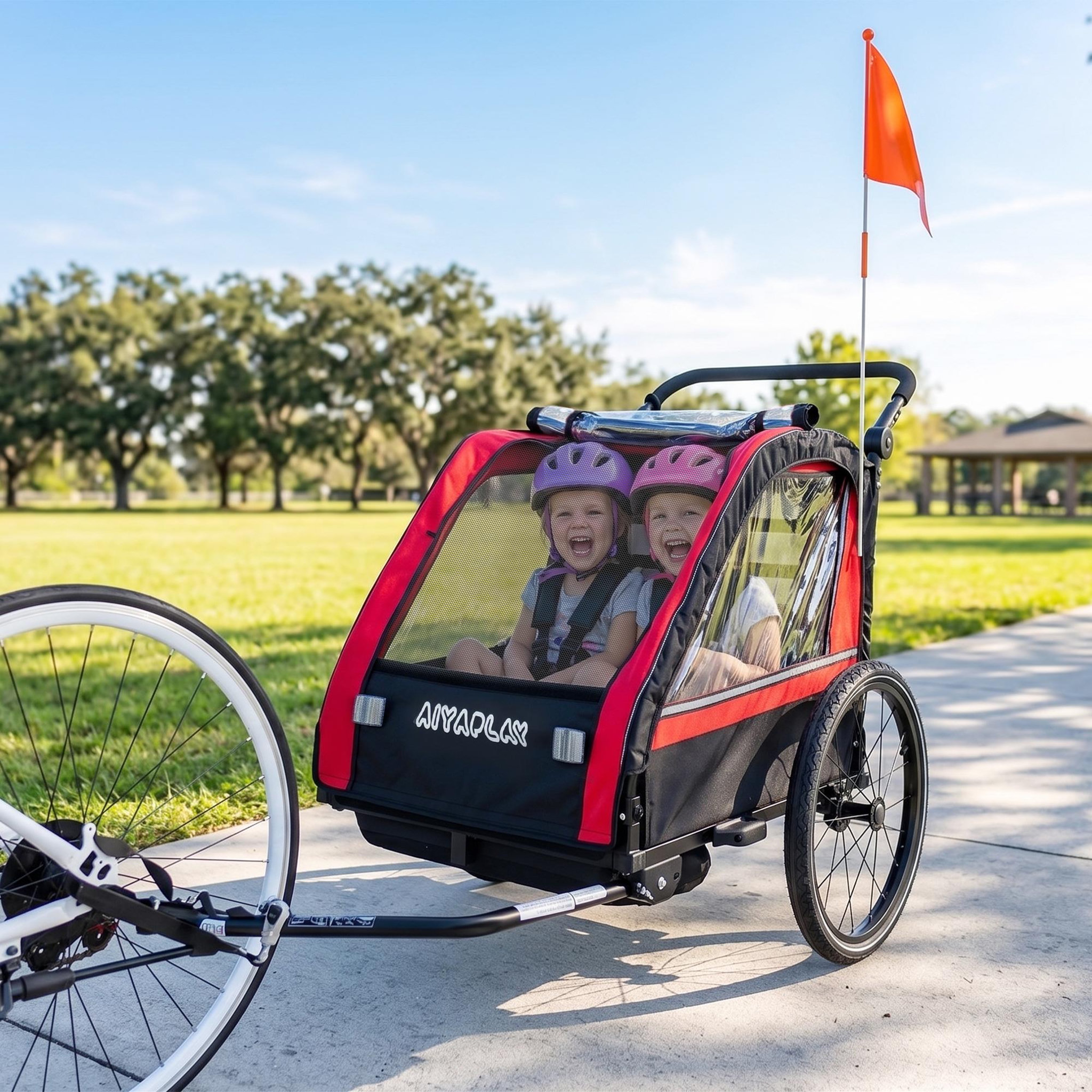 Voir la diapositive 6 : HOMCOM Remorque vélo jogger 2 en 1 pour enfant drapeau roue avant pivotante réflecteurs et barre d'attelage inclus rouge noir