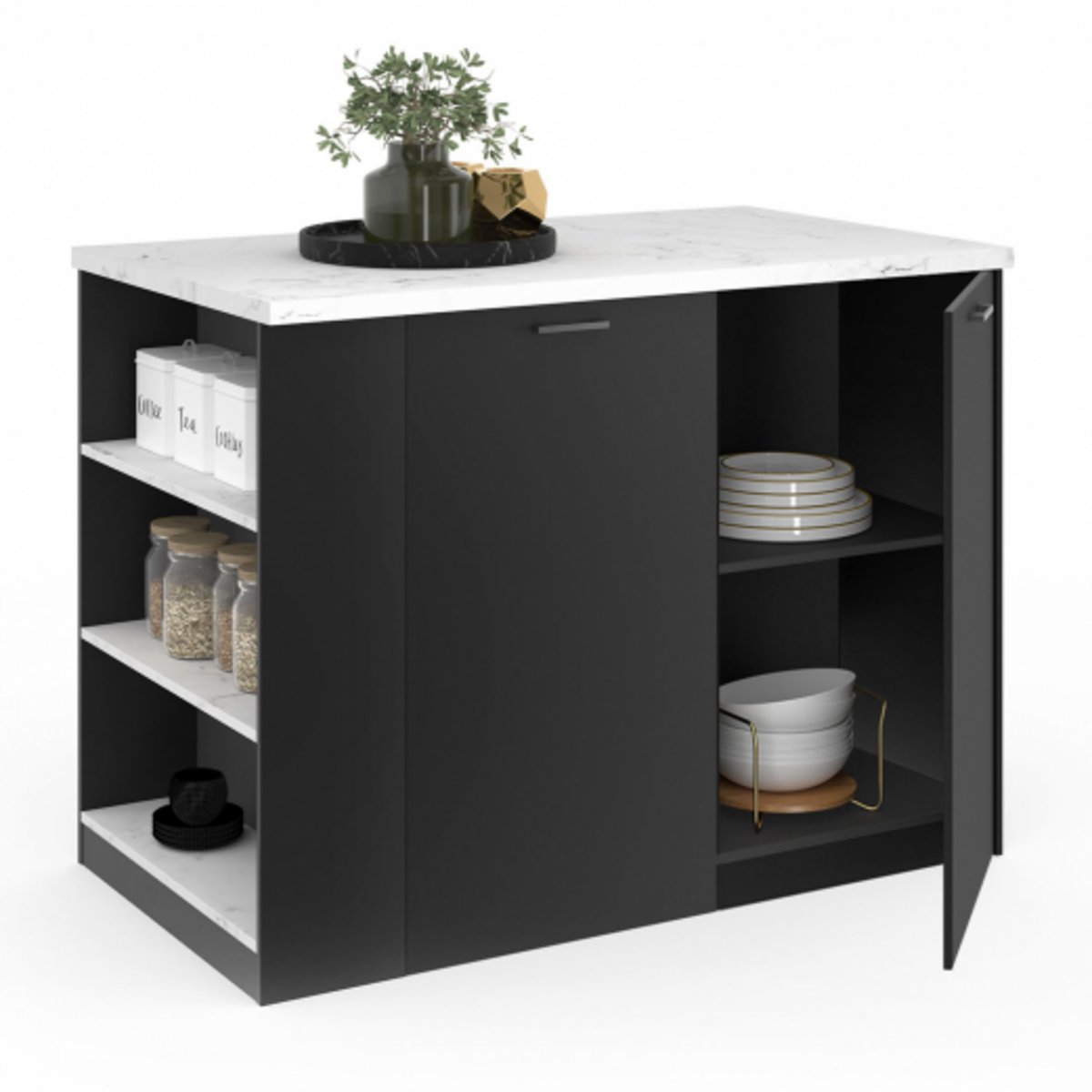 ID MARKET Ilot central TIBO 120 cm bois noir avec plan de travail effet marbre ALASKA