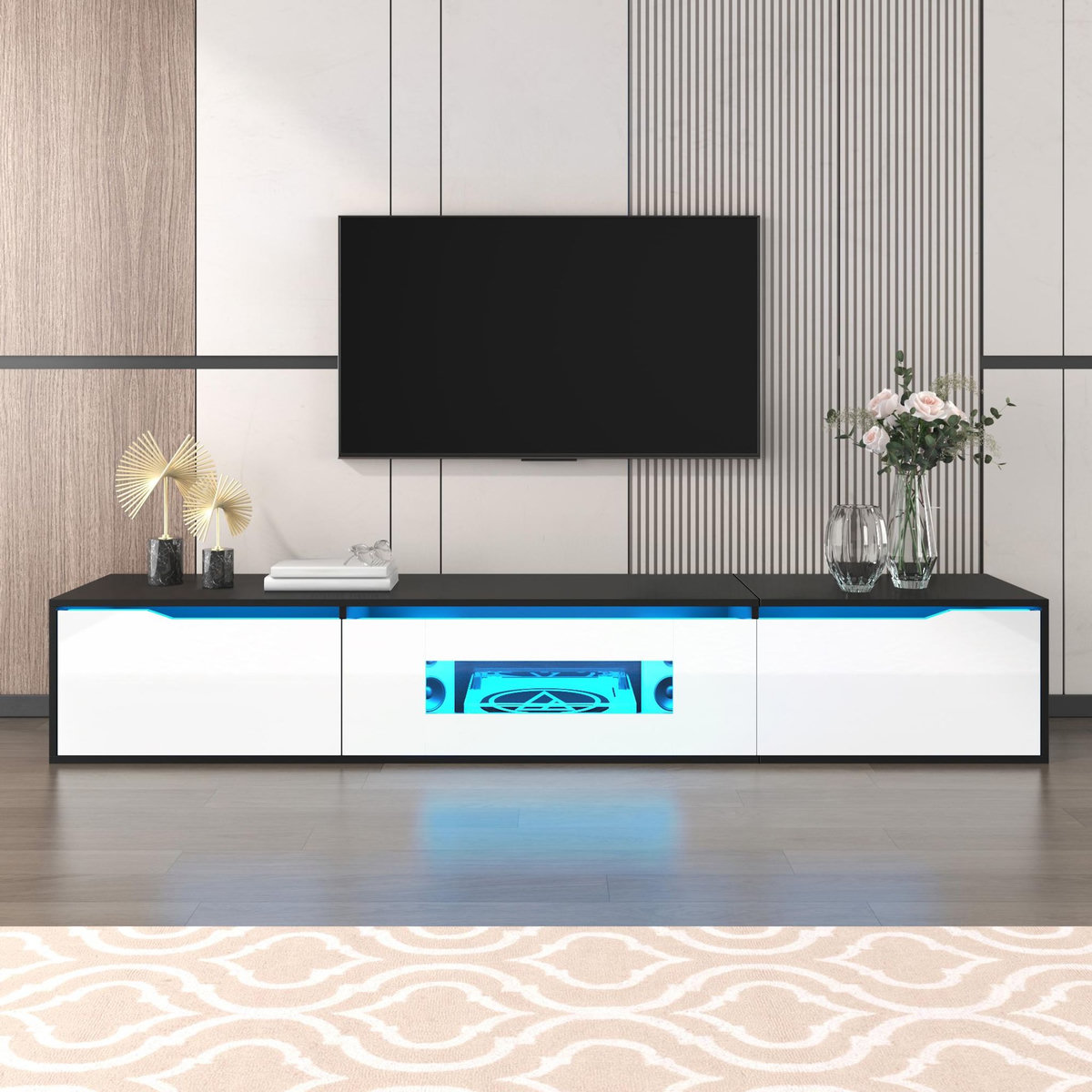 MERAX Meuble tv suspendu noir+blanc 180 cm led mdf