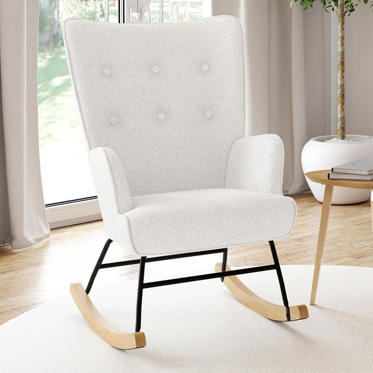 ID MARKET Fauteuil scandinave IVAR en tissu à bascule bouclette blanc