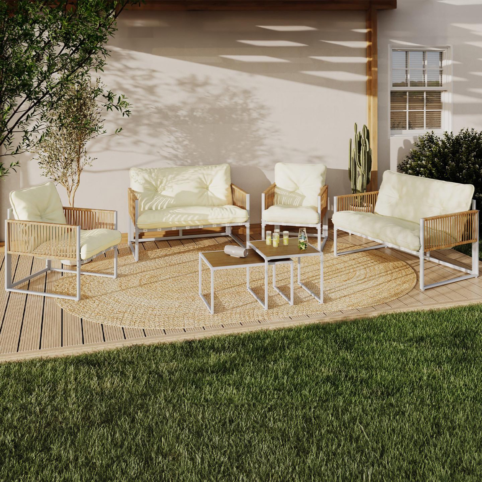 Voir la diapositive 2 : ID MARKET Salon de jardin bas rio 6 places structure métal blanc et cordage effet rotin avec coussins beige