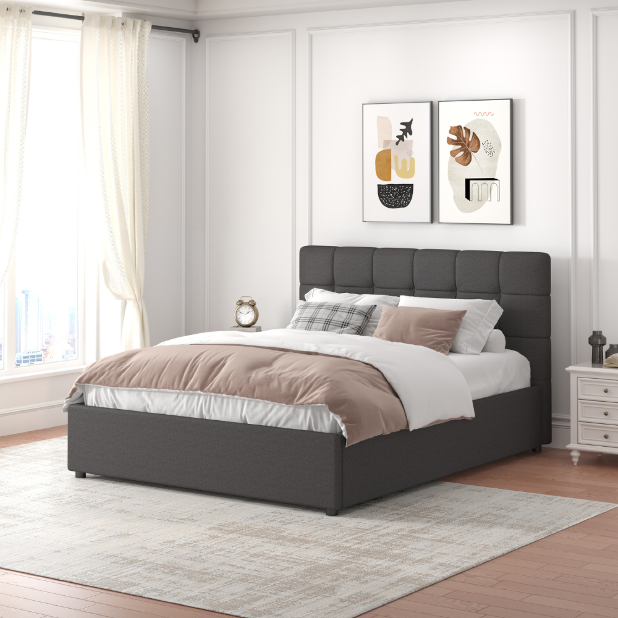 Voir la diapositive 2 : CONCEPT USINE Lit avec coffre de rangement 140x190cm velours gris foncé santa