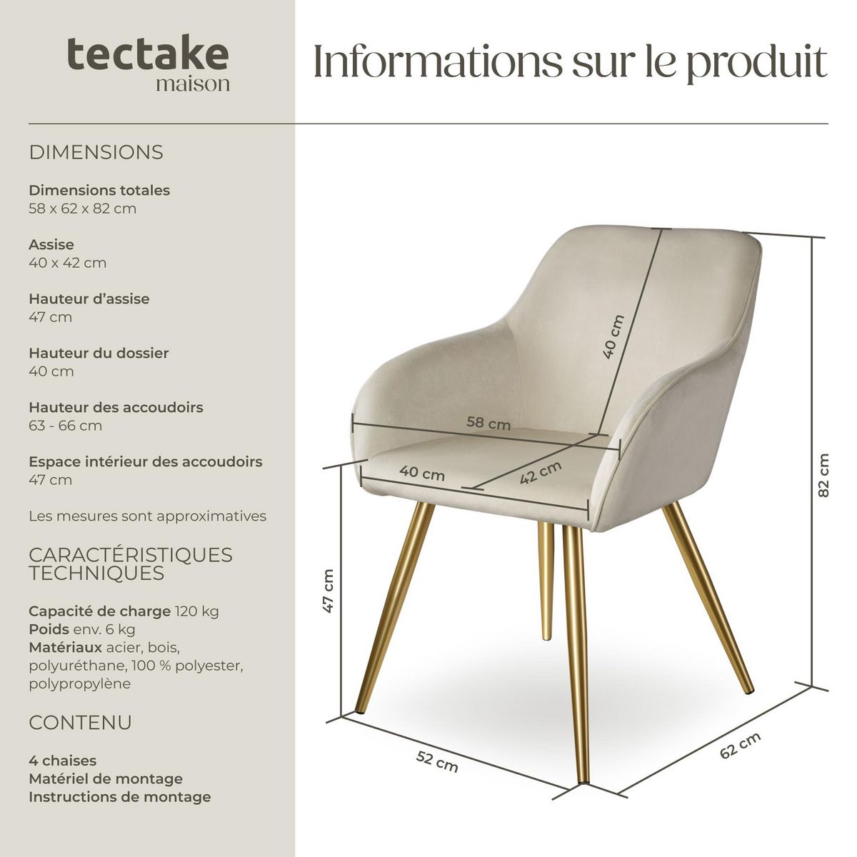 tectake Chaise rembourrée aspect velours crème/or Lot de 4