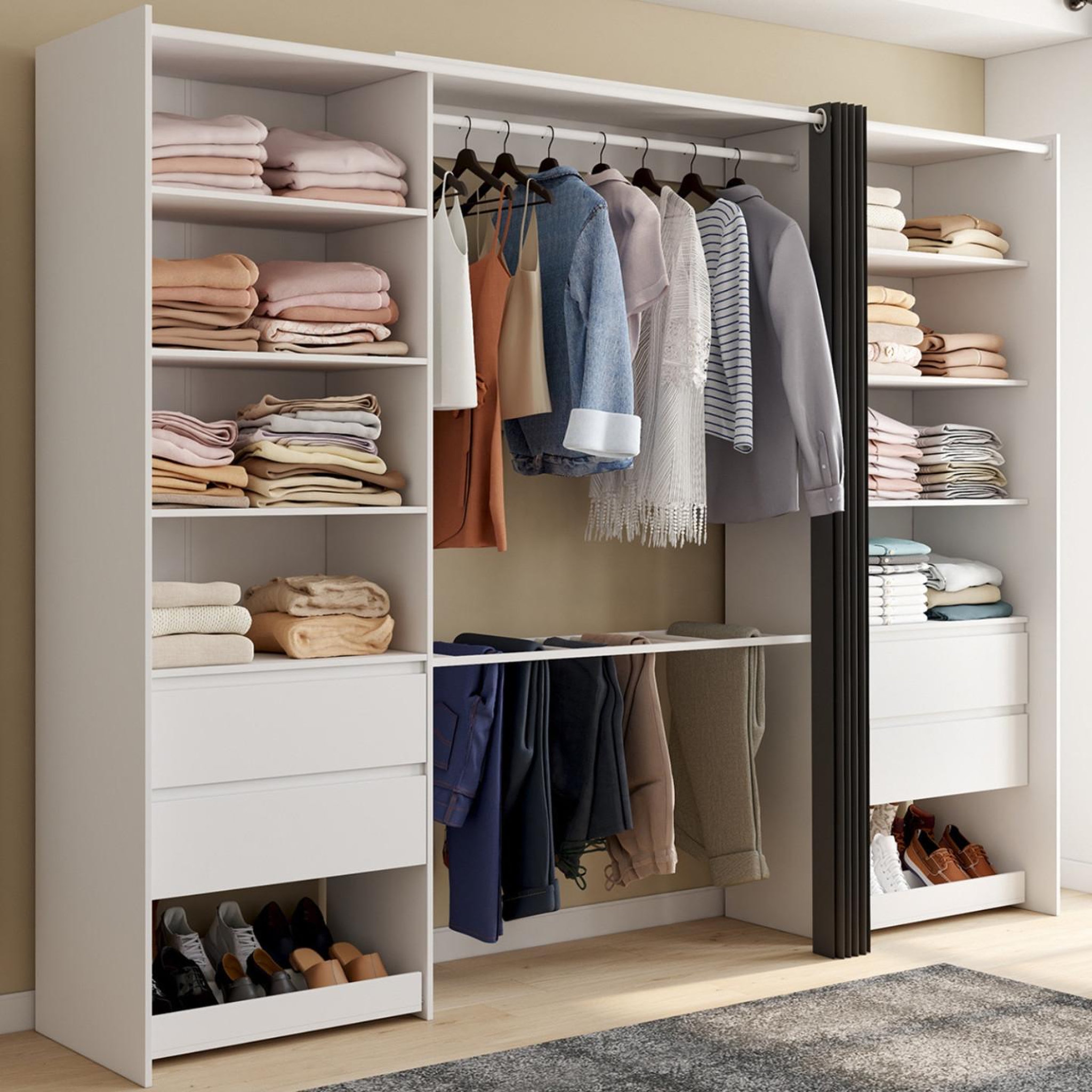 Voir la diapositive 2 : ID MARKET Dressing double xxl meryl 220 cm avec porte pantalons + étagères + tiroirs + rangements à chaussures blanc et gris