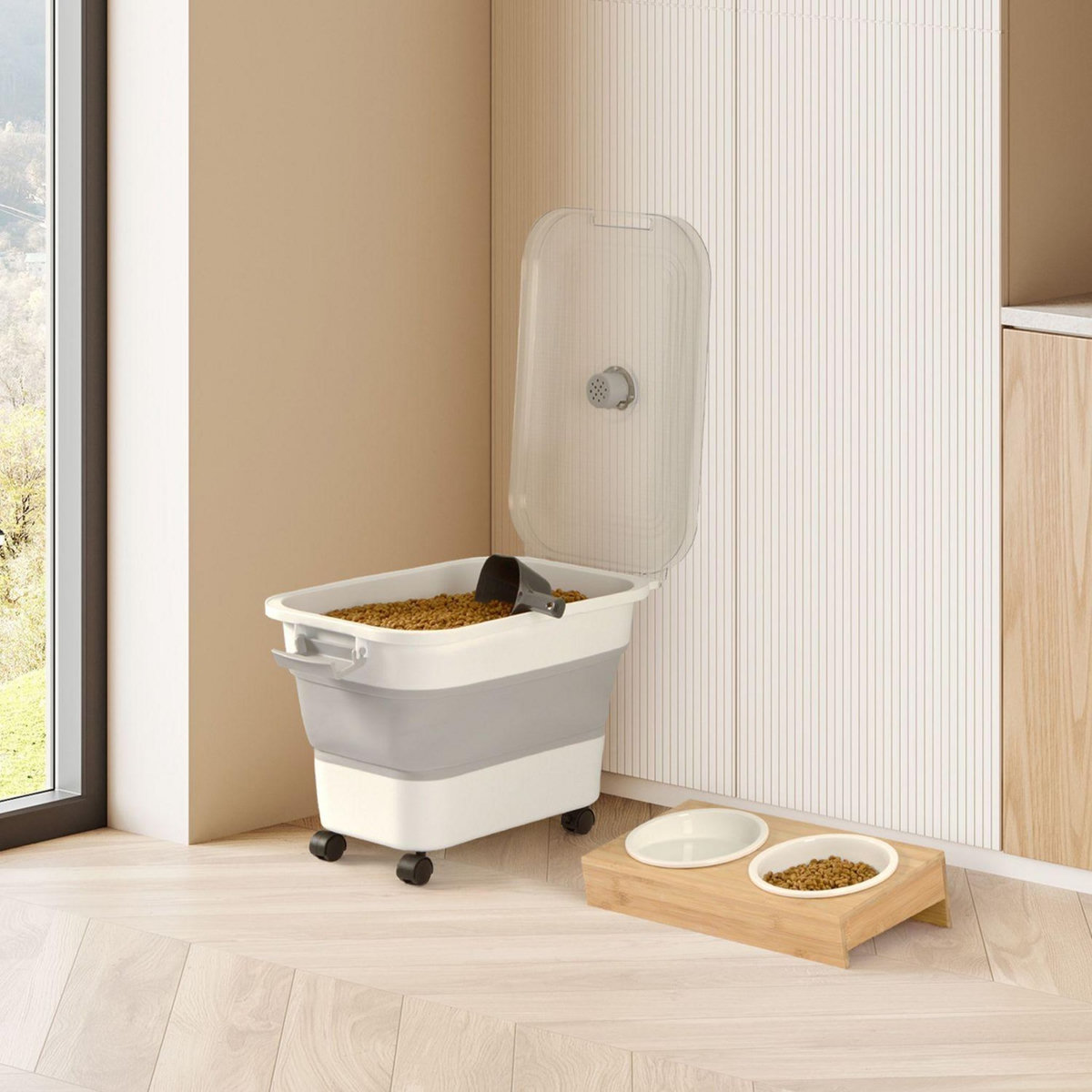 LOVE STORY Boite conteneur à croquettes pliable avec roues - Blanc