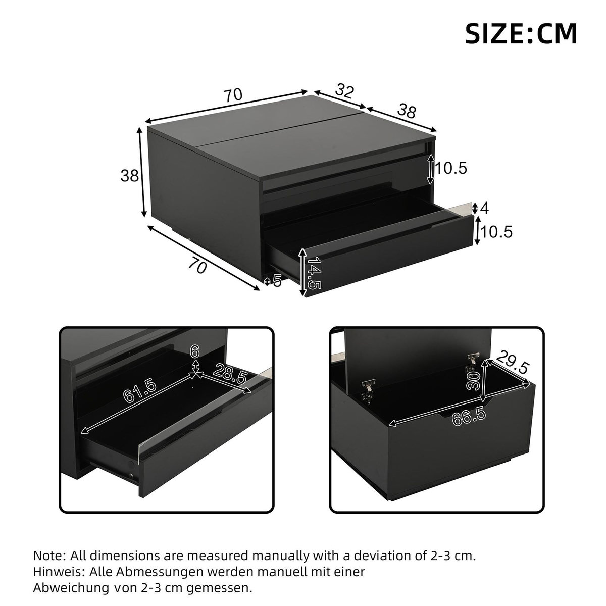 MERAX Table basse relevable carrée noir - 70x70 cm led panneau de particules