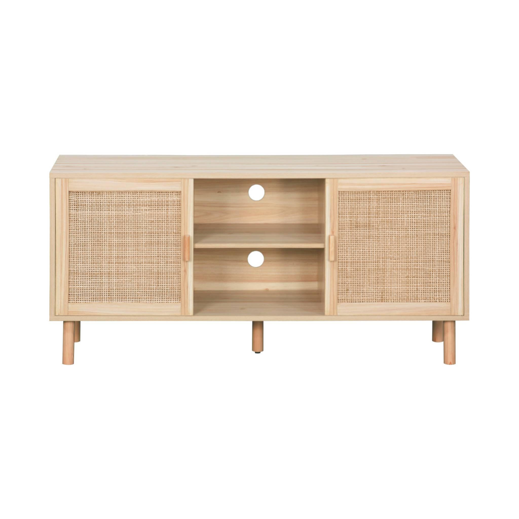 Voir la diapositive 5 : SWEEEK Meuble TV cannage et effet bois. 2 portes et 1 étagère. 120cm