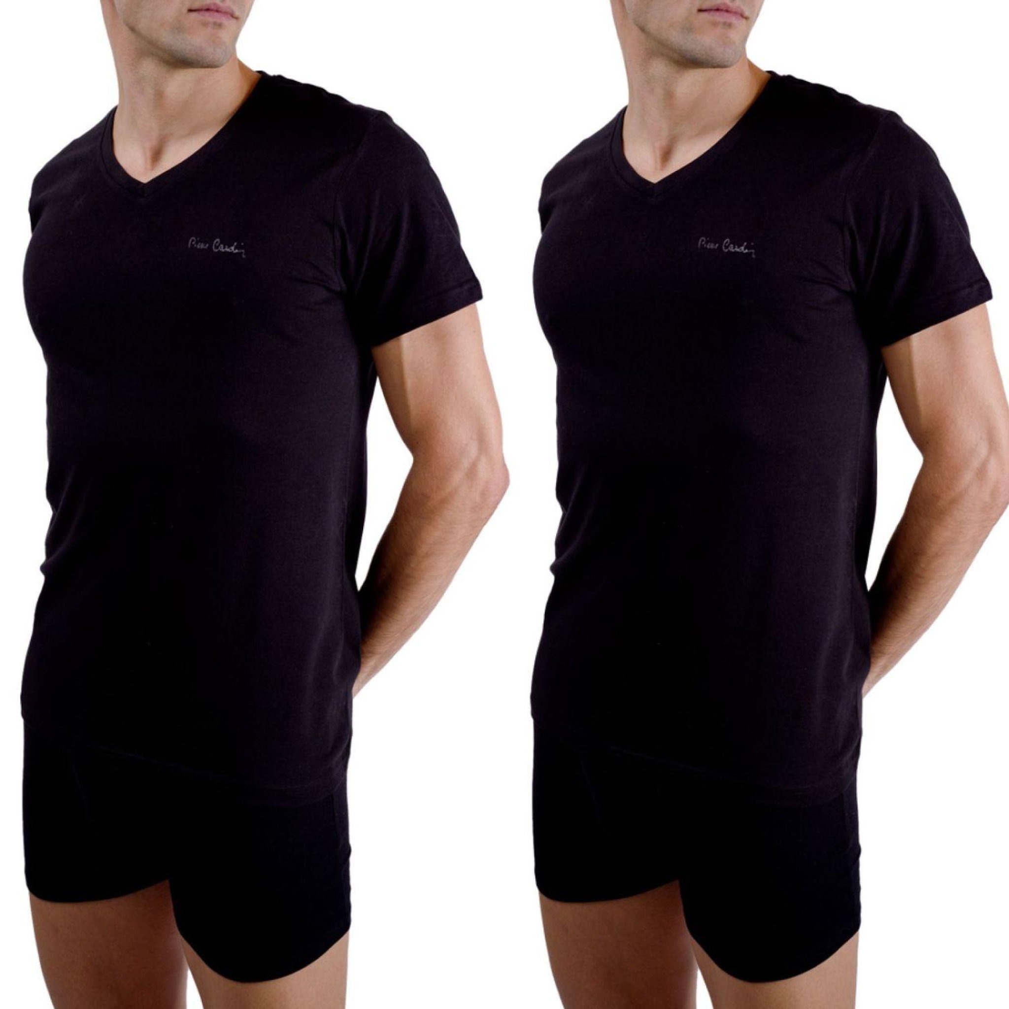 Voir la diapositive 1 : PIERRE CARDIN Lot de 2 t-shirts homme en col v avec broderie sur la poitrine