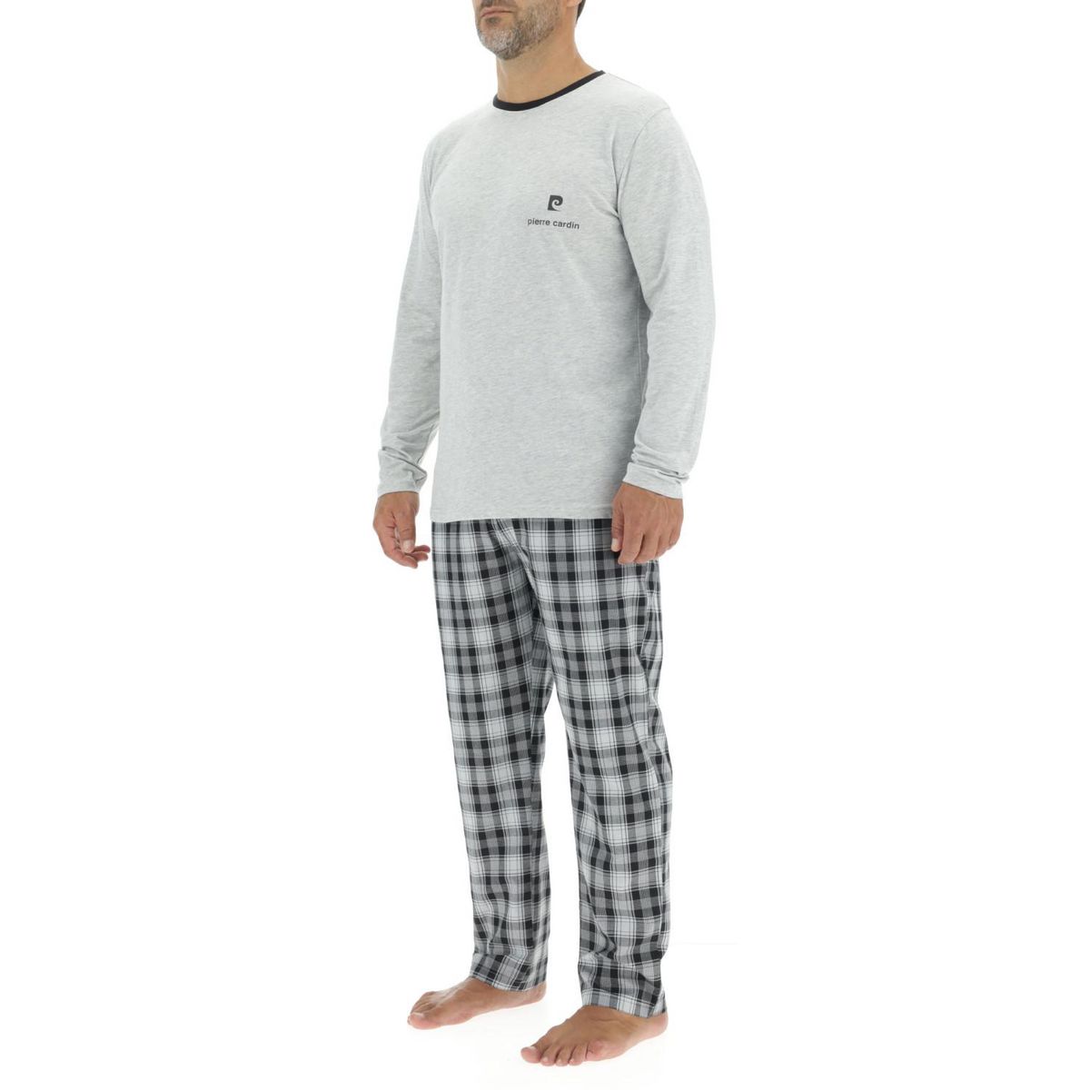 PIERRE CARDIN Ensemble Pyjama long homme en popeline à carreaux et Logo poitrine