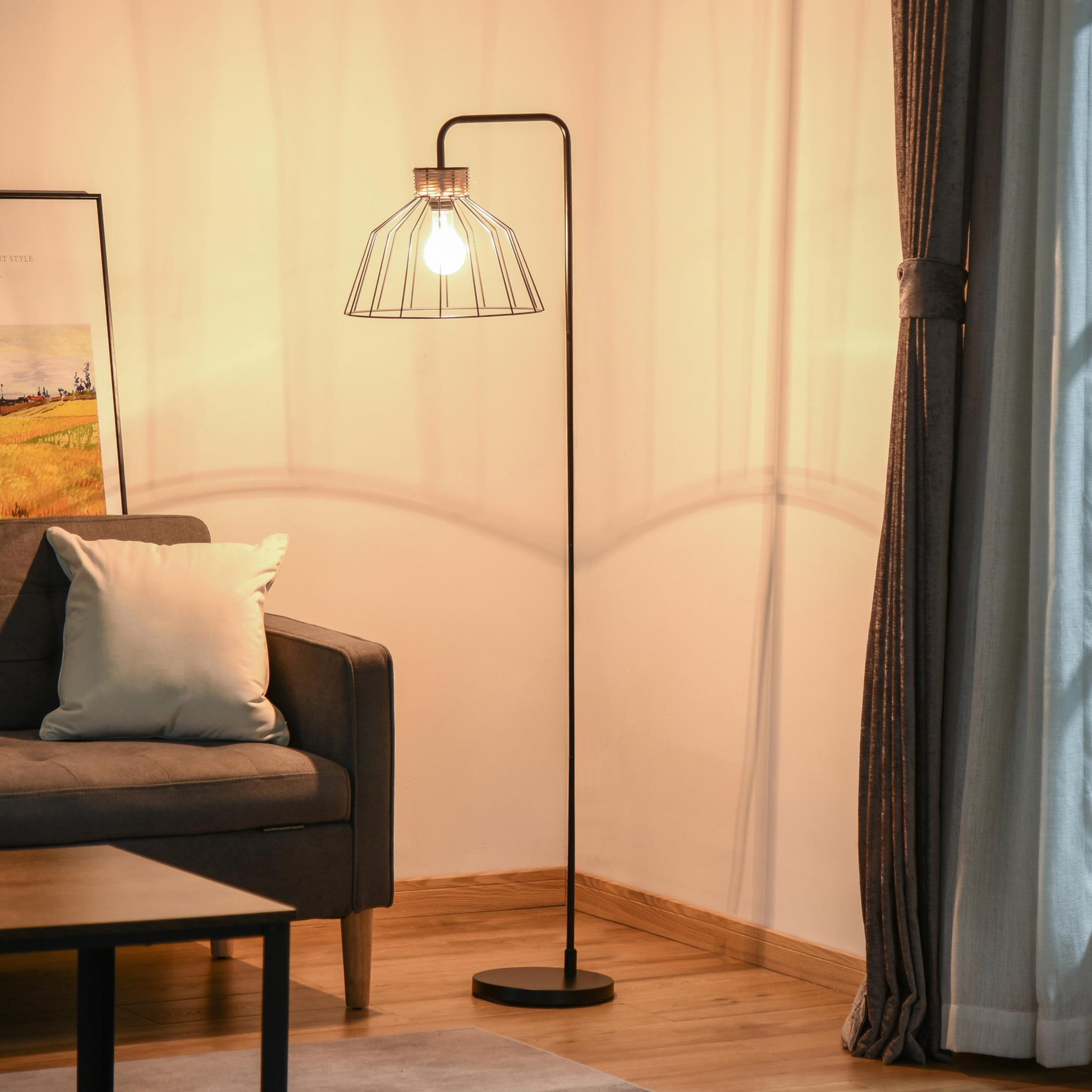 Voir la diapositive 2 : HOMCOM Lampadaire design industriel grillagé et arqué 40 w max. Métal noir rotin