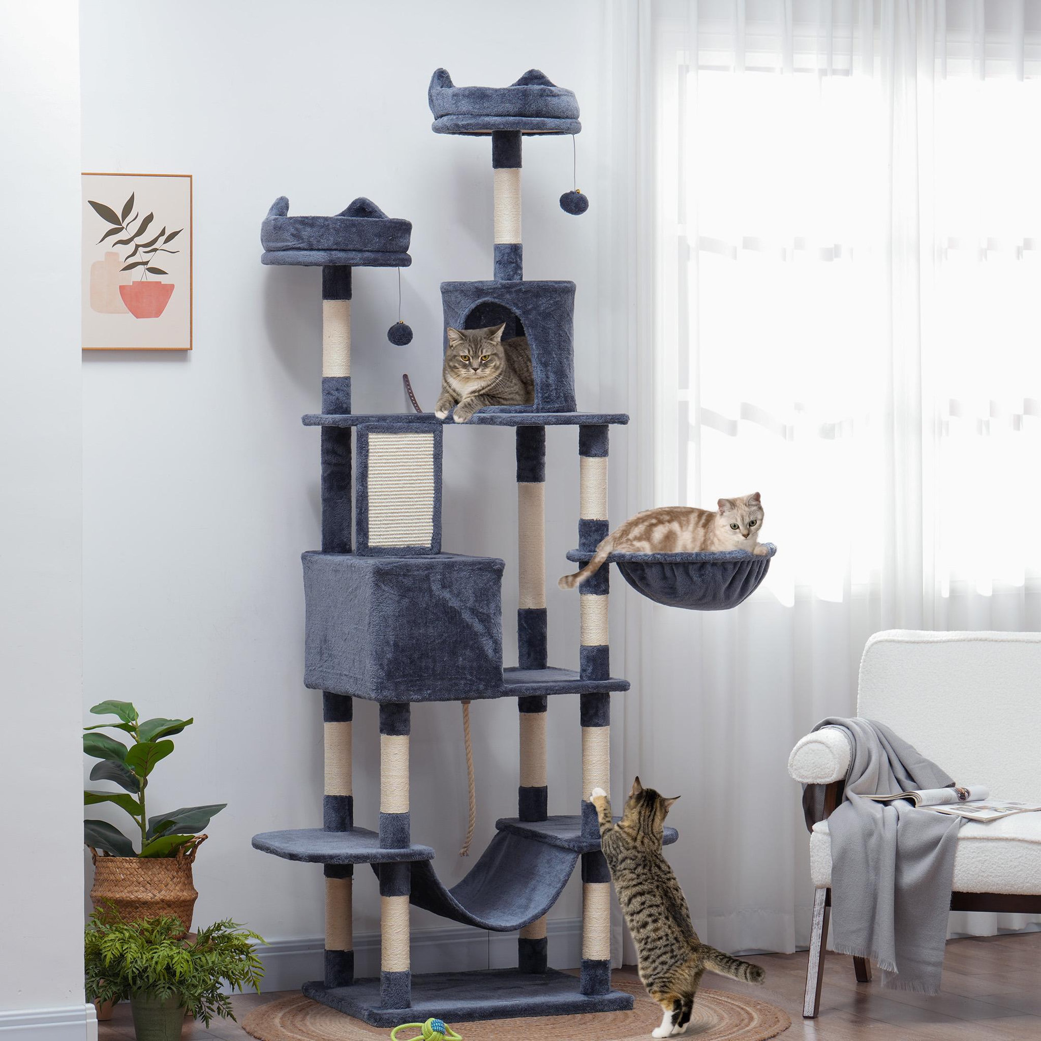Voir la diapositive 2 : PAWHUT Arbre à chat grande taille h.206 cm équipement et accessoires multiples sisal naturel peluche gris