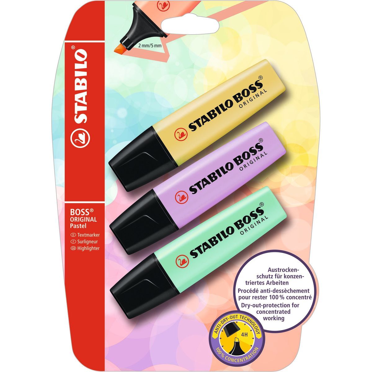 STABILO Lot de 3 surligneurs BOSS ORIGINAL Pastel jaune + lilas + menthe