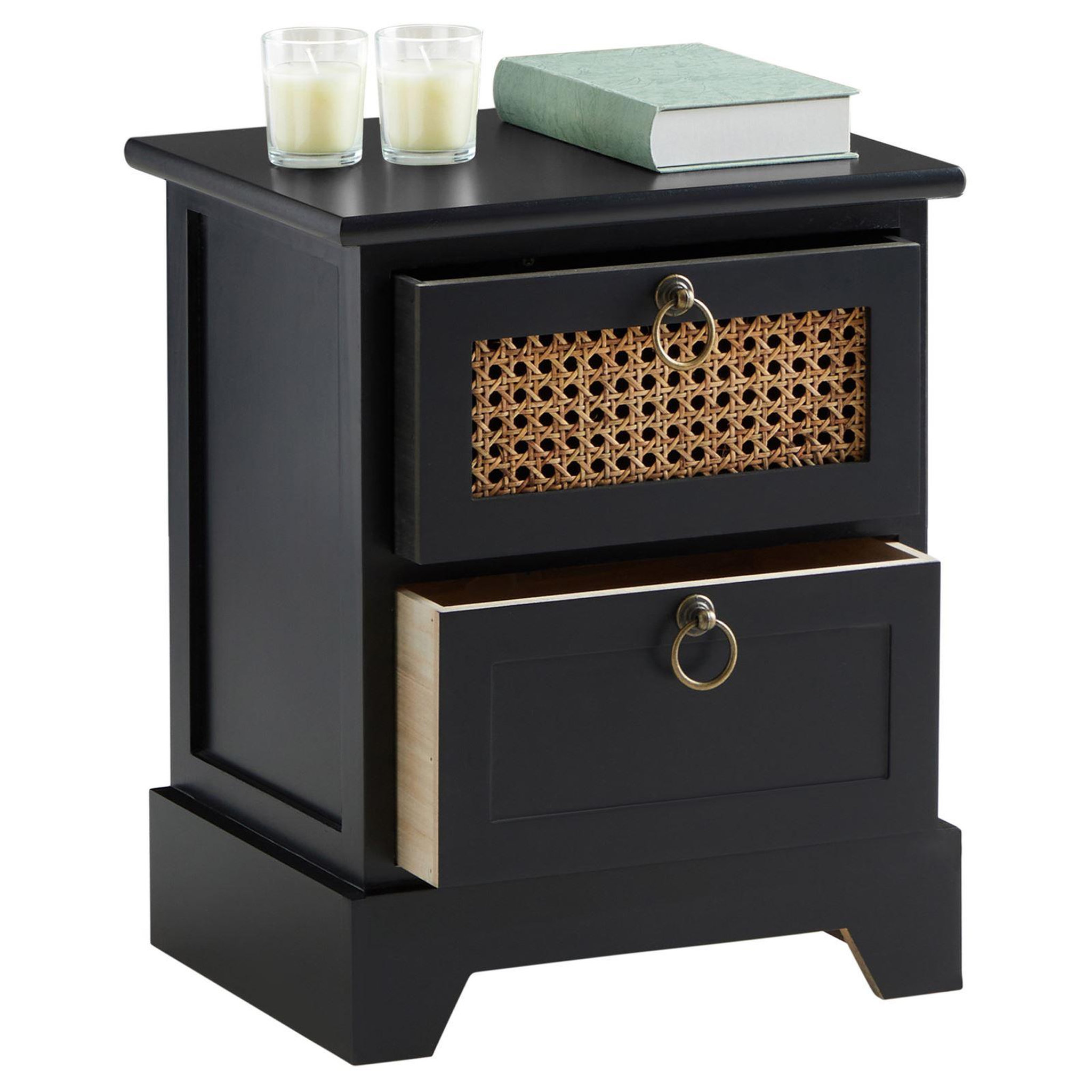 Voir la diapositive 3 : IDIMEX Table de chevet PADMA 2 tiroirs, en bois et rotin