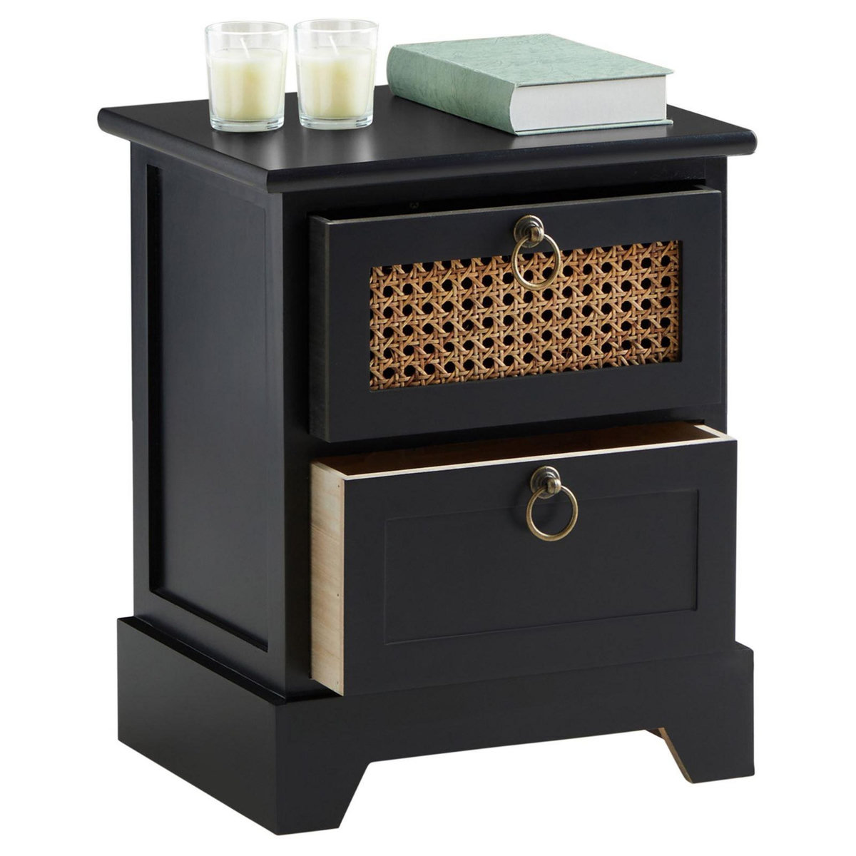 IDIMEX Table de chevet PADMA 2 tiroirs, en bois et rotin