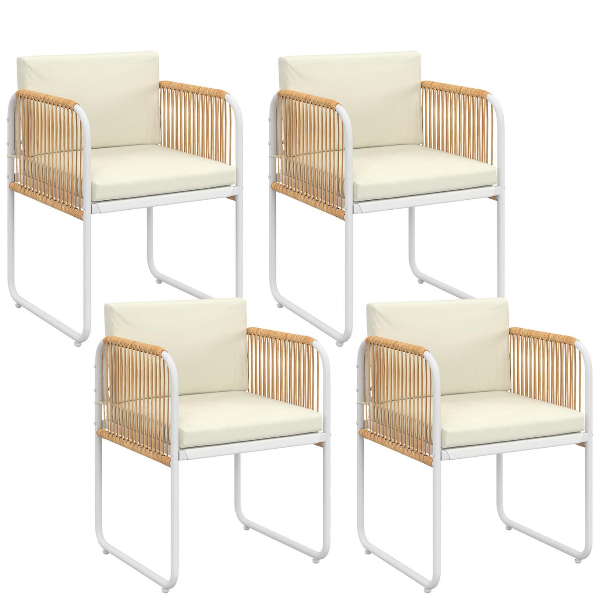 Voir la diapositive 1 : ID MARKET Lot de 4 chaises RIO structure métal blanc, cordage effet rotin clair et coussins beiges