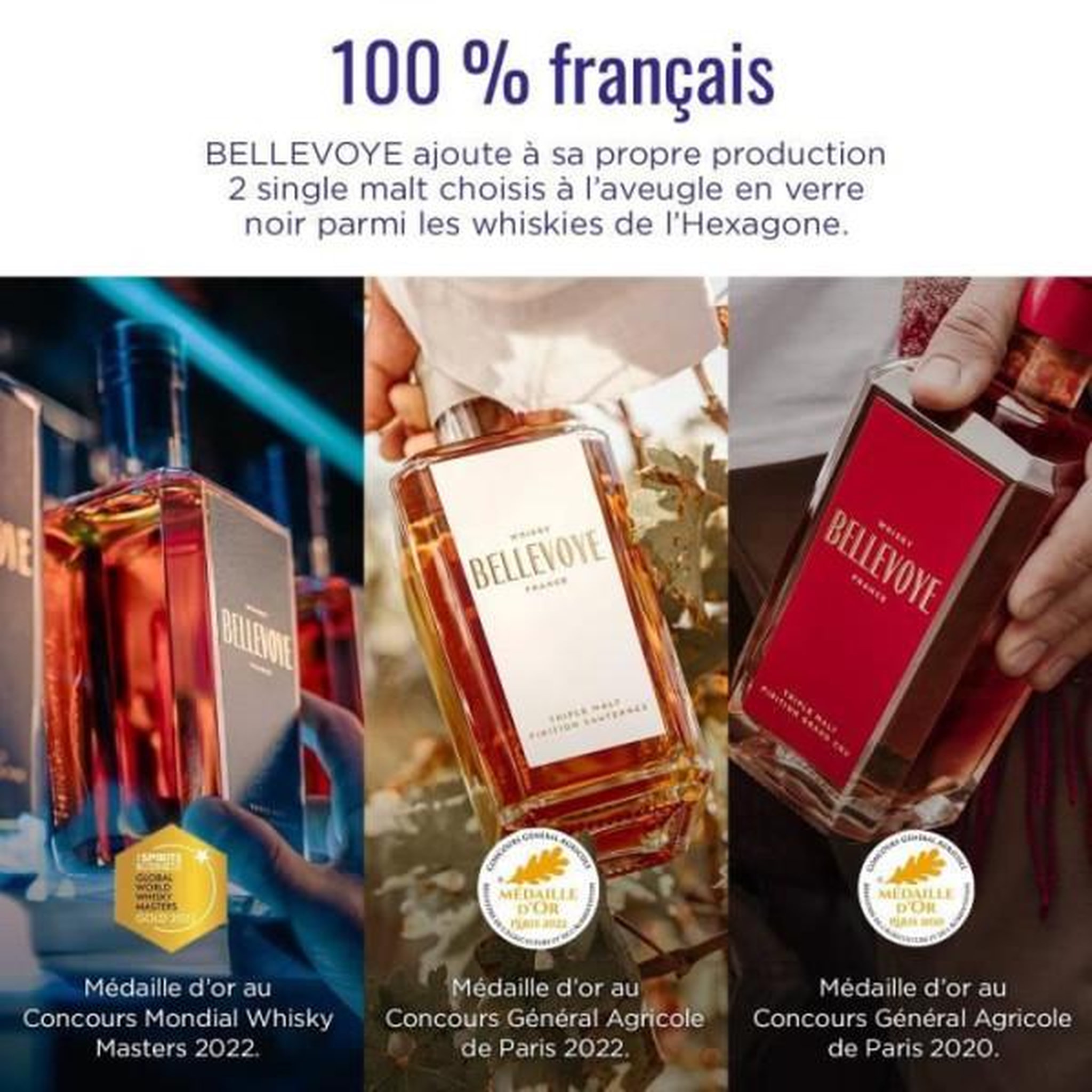 Voir la diapositive 5 : N/A Bellevoye - whisky - origine : france - coffret tricolore découverte bleu, blanc rouge - 3 * 20 cl