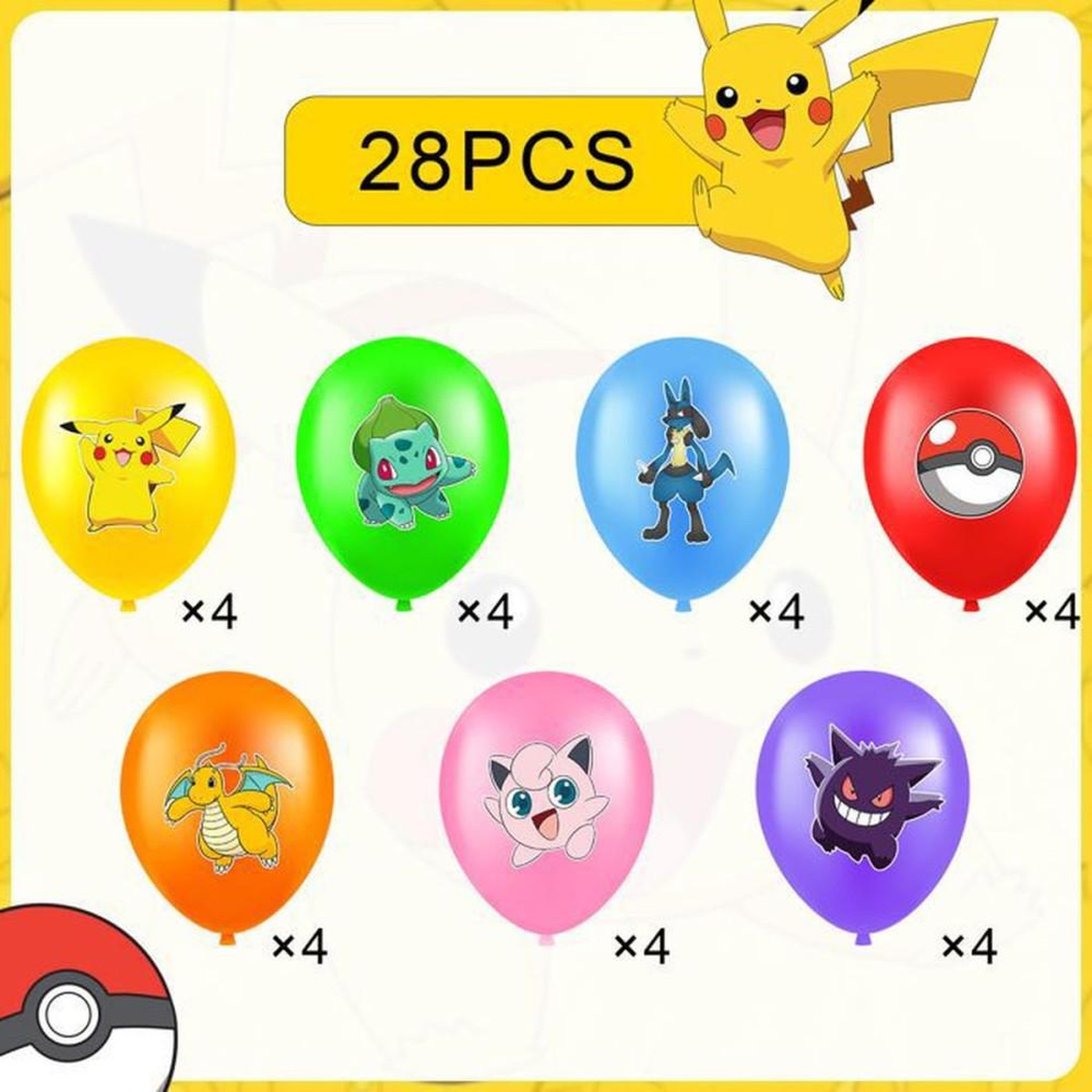Voir la diapositive 2 : Set de ballons d'anniversaire Pokemon 28 ballons classiques multicolores, 7 modèles, latex naturel